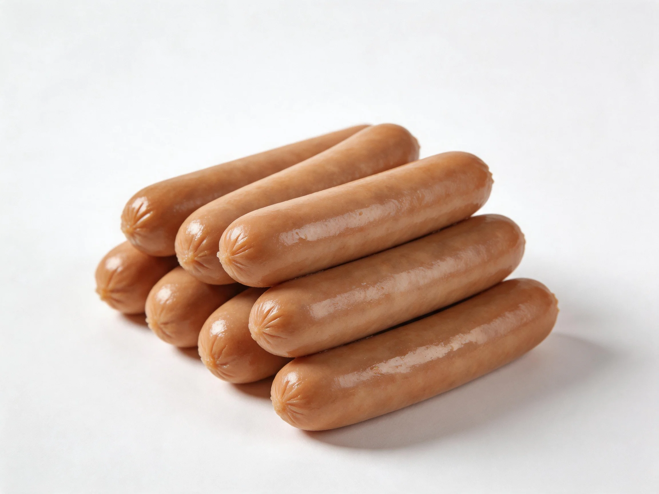 Eight brown hot dogs stacked in a pyramid on a white surface