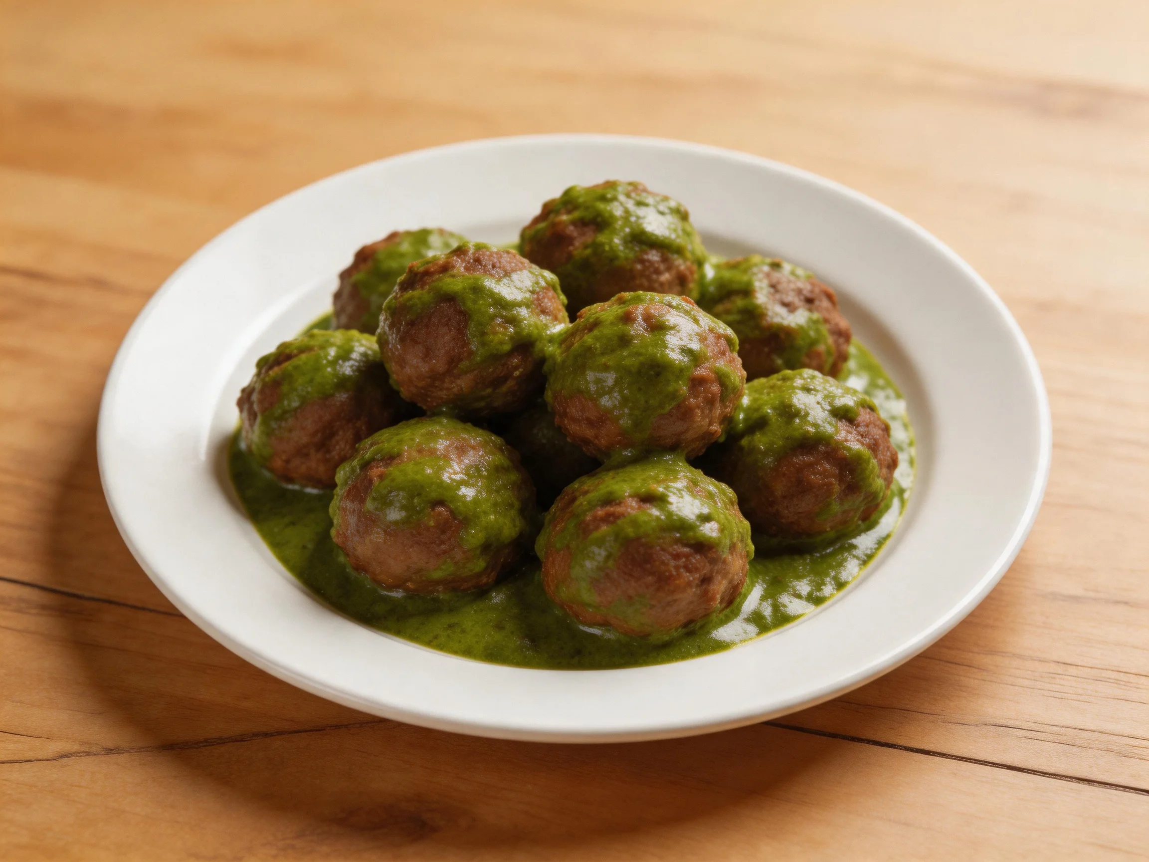 Eight brown meatballs dr in vibrant green sauce on a white plate