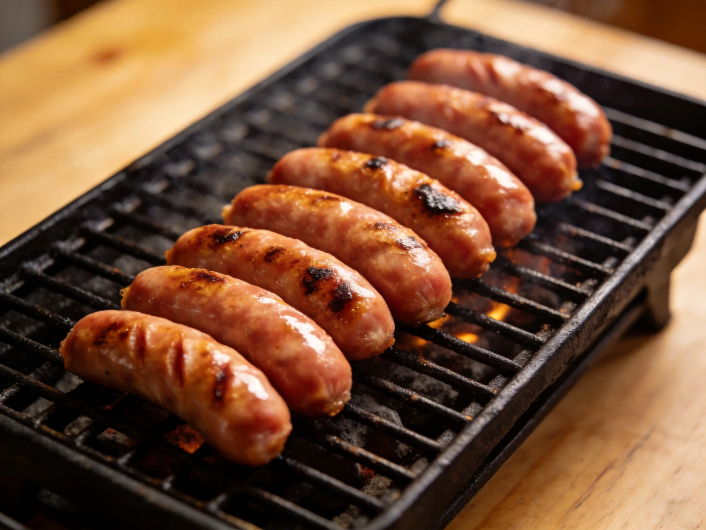 Eight brown sausages grilling on a black cast iron grill