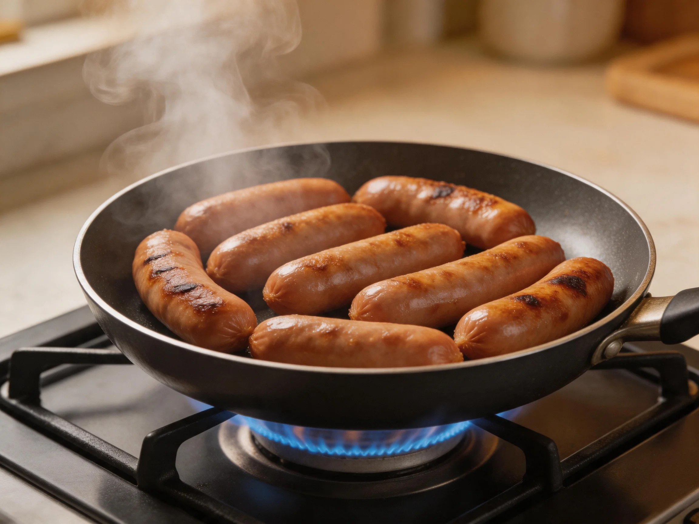 Eight brown sausages sizzling in a black skillet over a gas burner