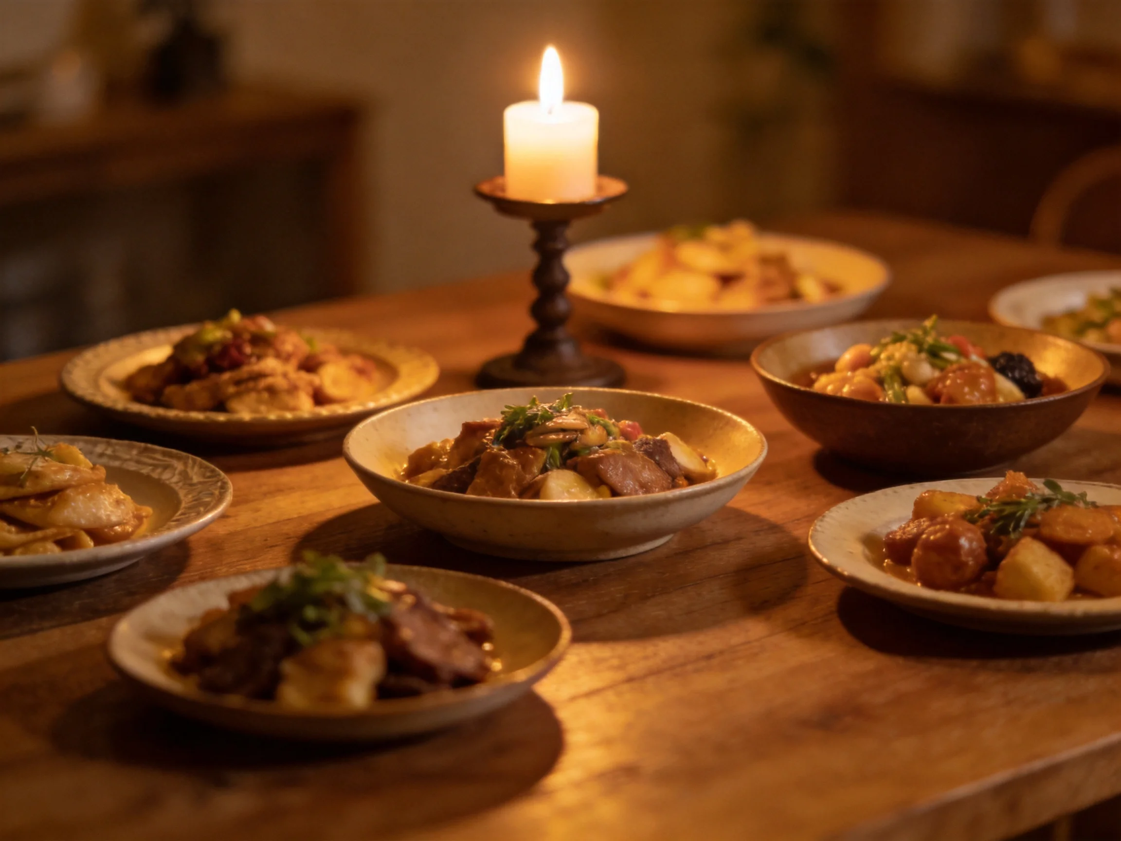 Eight dishes served on a wooden table with a lit candle centerpiece