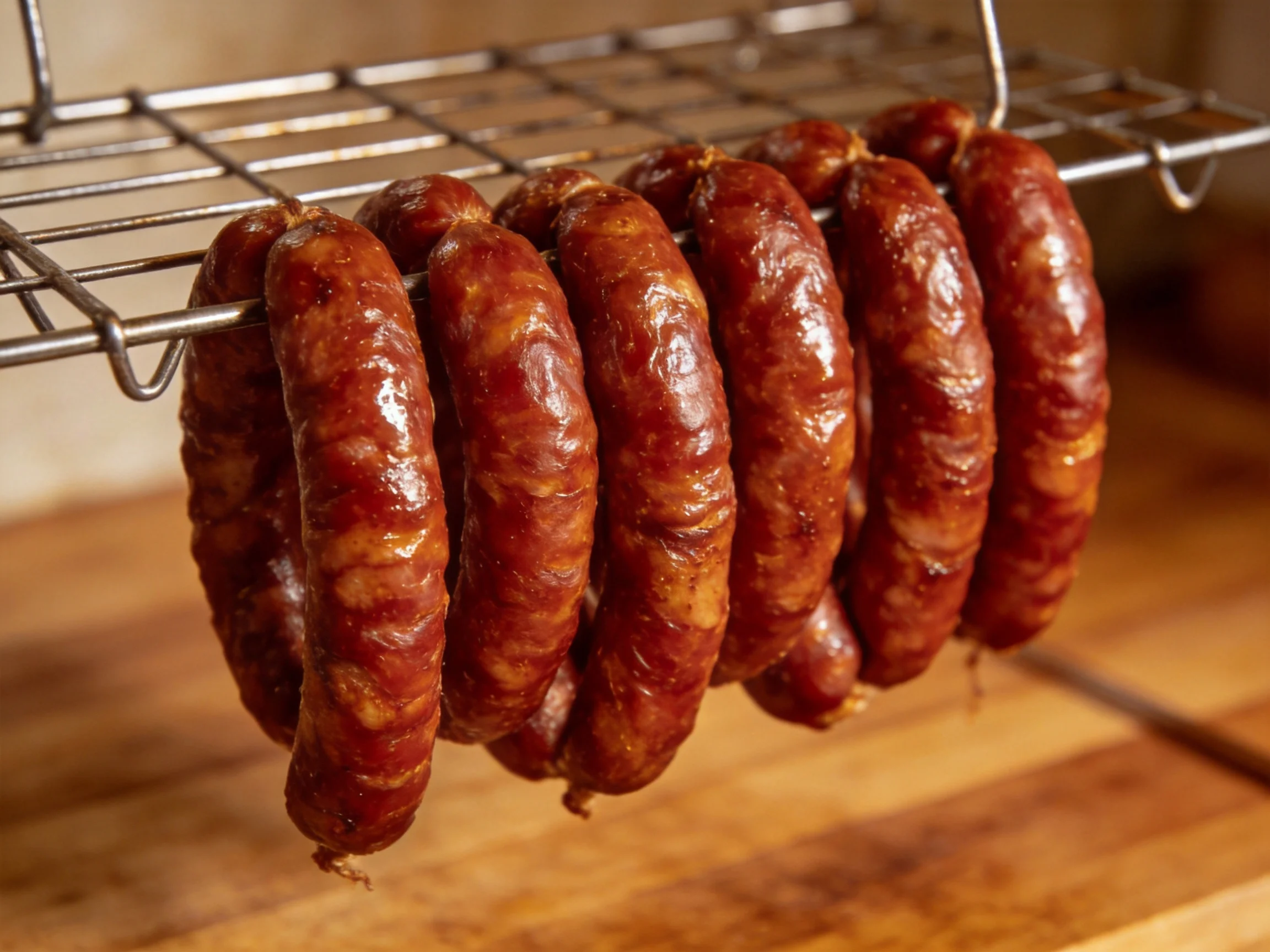 Eight glossy brown sausages hang from a metal rack over wood.