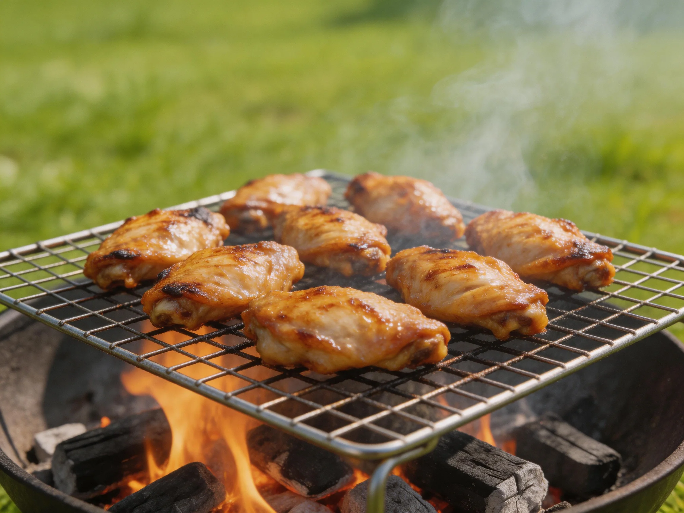 Eight golden-brown chicken wings cook on an outdoor charcoal grill