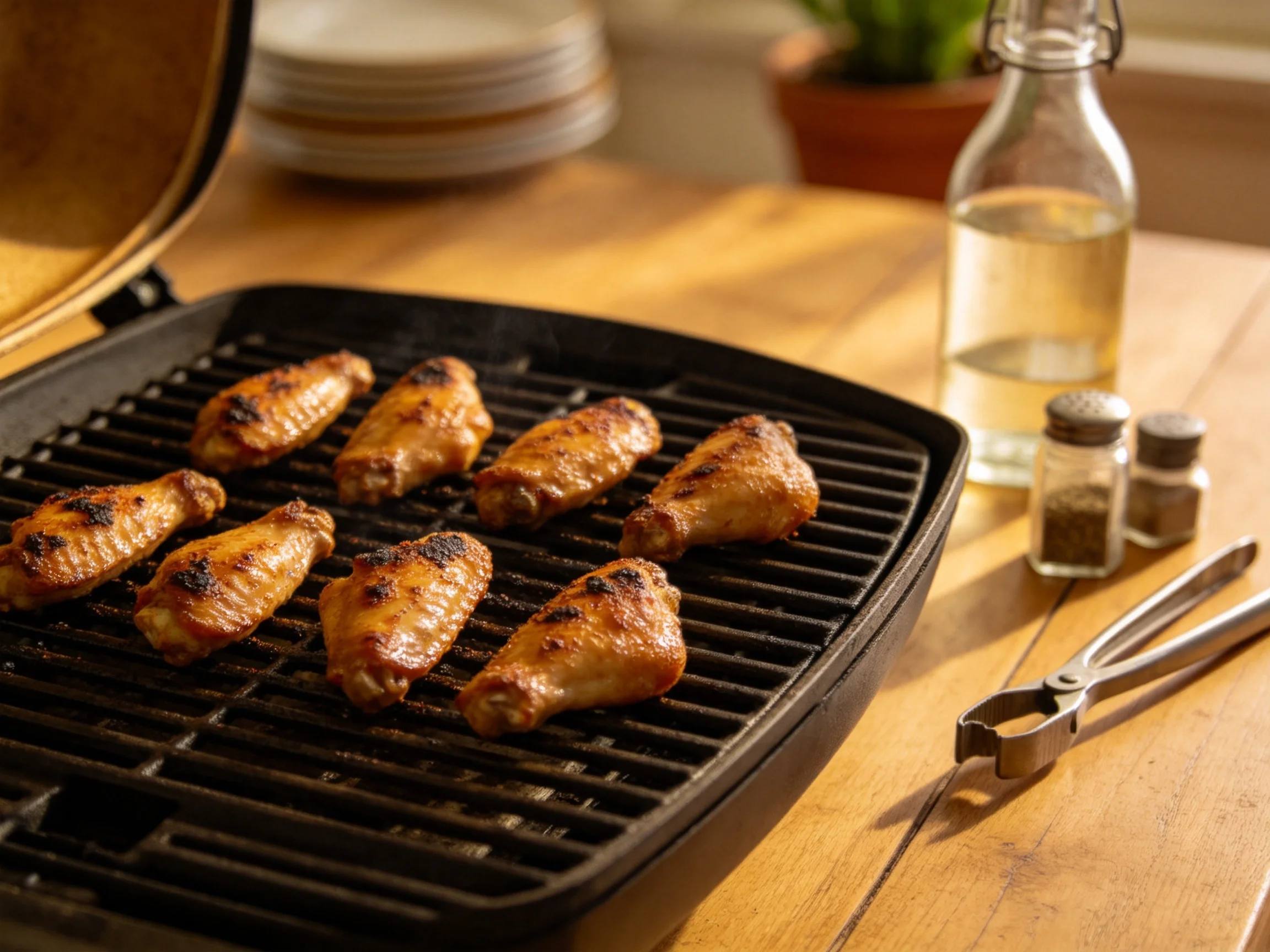 Eight golden-brown chicken wings sizzle on a black cast iron grill