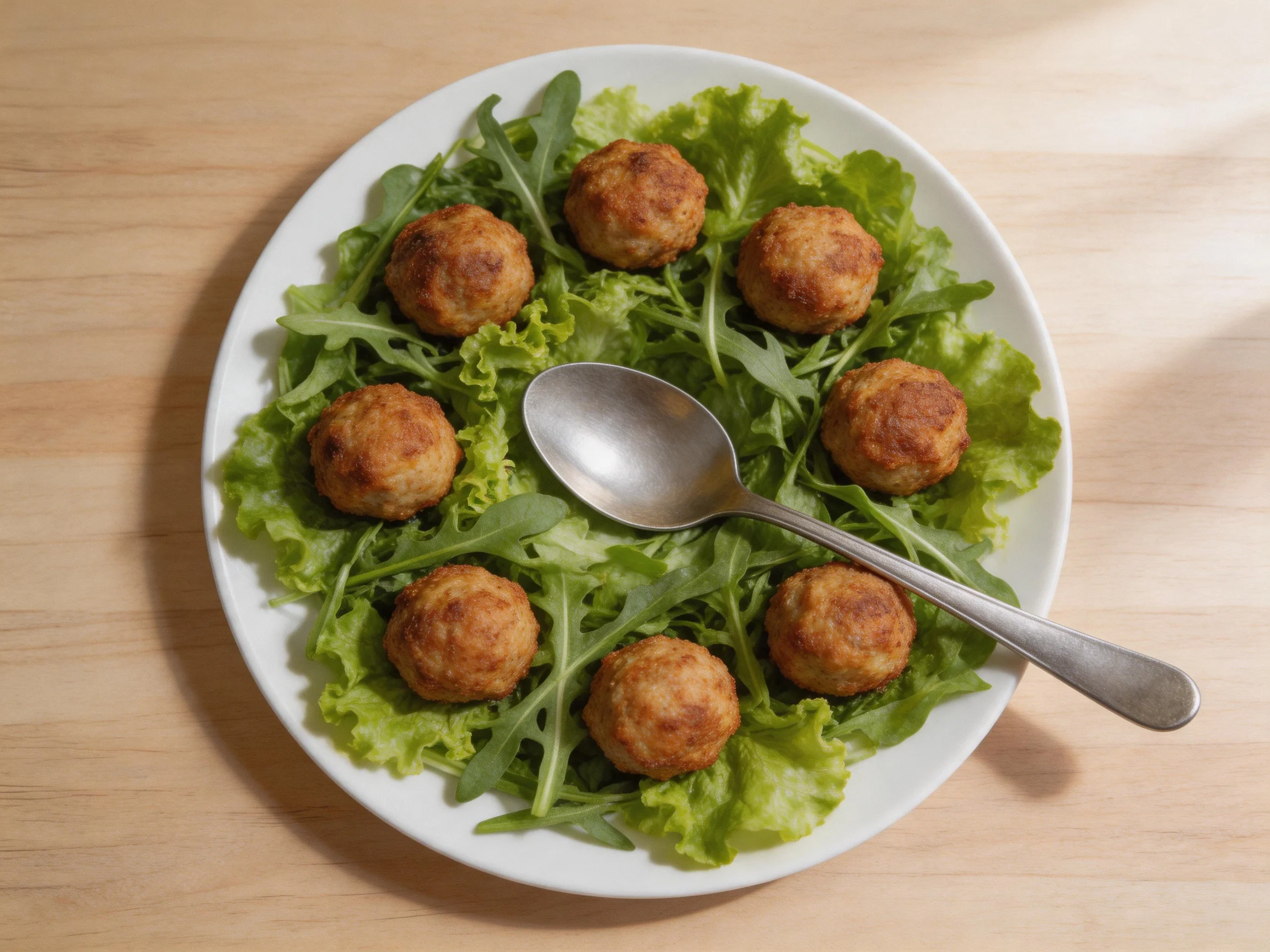 Eight golden-brown meatballs arranged on mixed green salad with a silver spoon