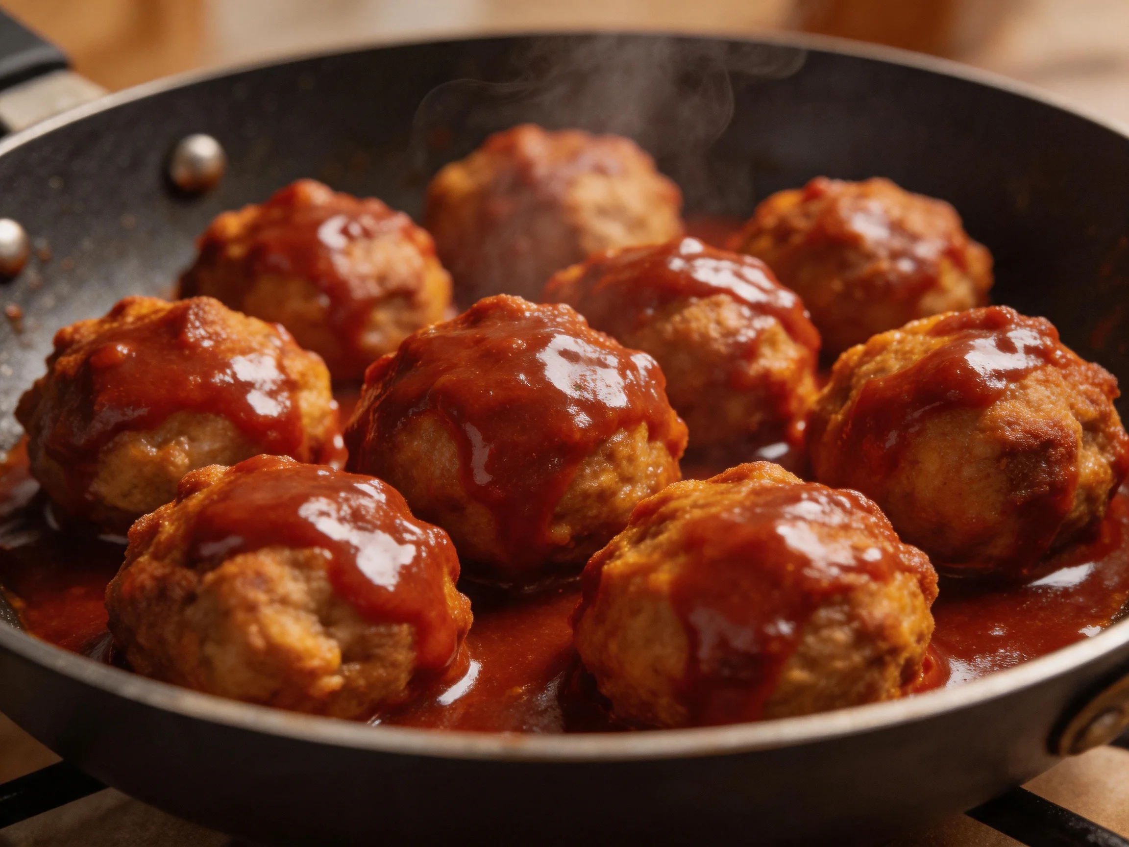 Eight golden-brown meatballs simmering in a black skillet with red sauce