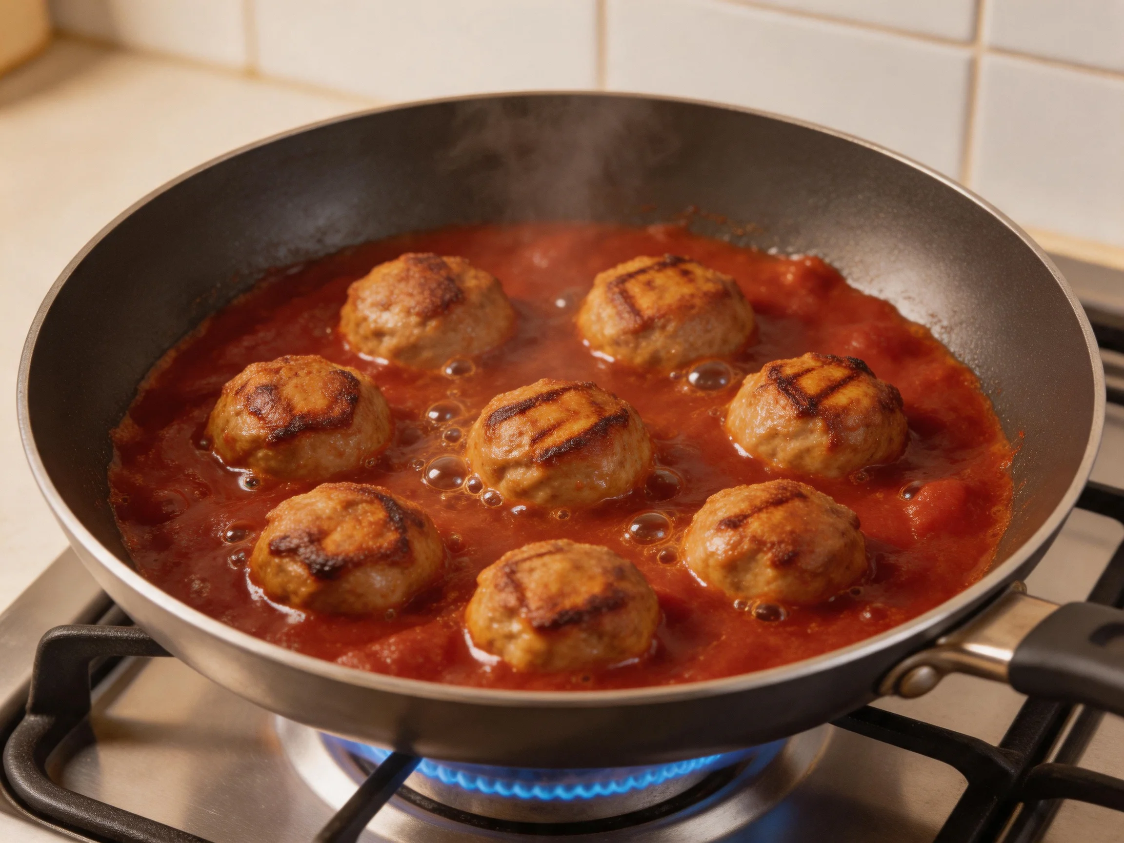 Eight golden-brown meatballs simmering in rich red sauce