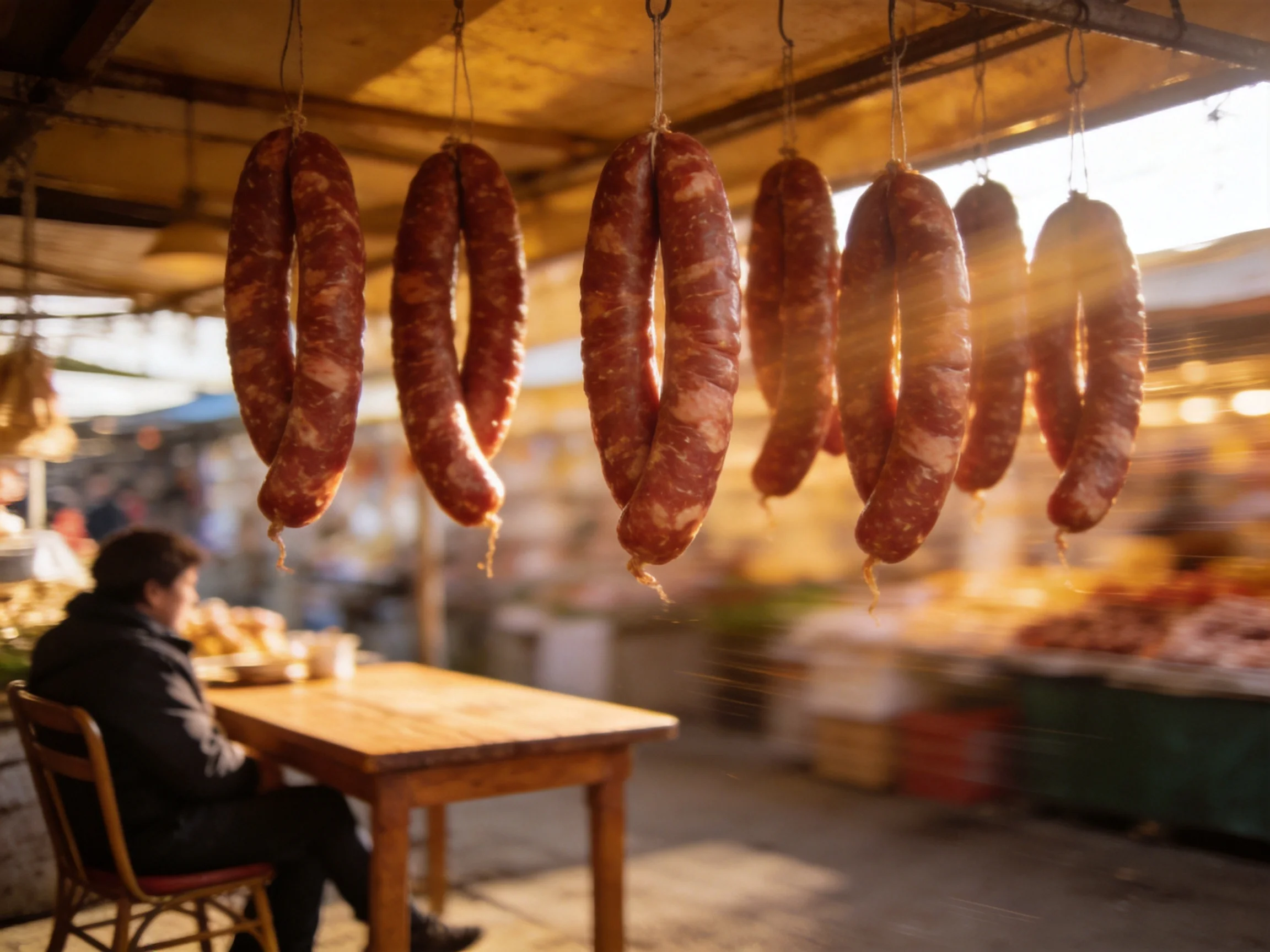 Eight large brown sausages hang in a sunlit outdoor market