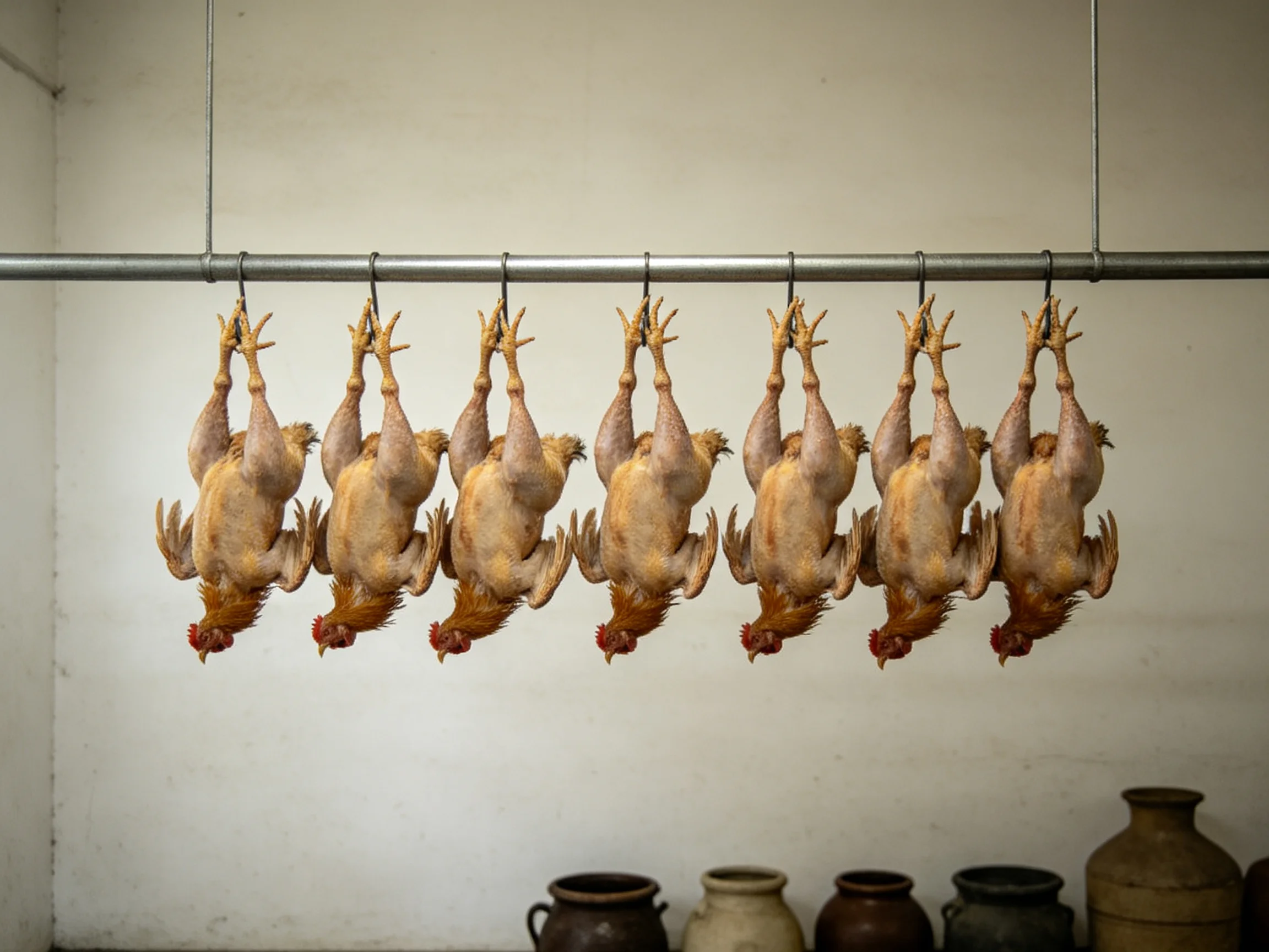 Eight plucked chickens hang upside down from metal hooks
