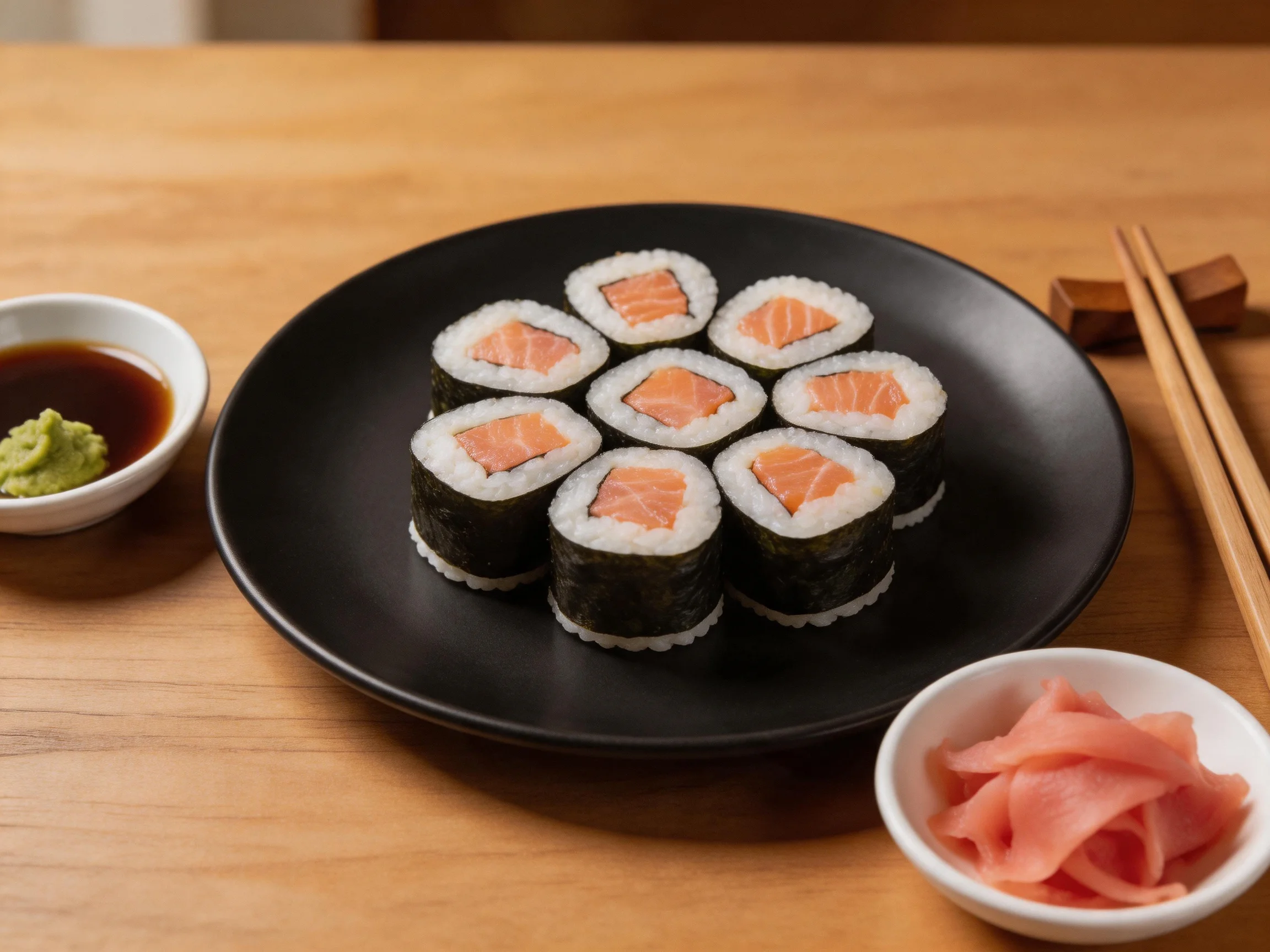 Eight salmon maki rolls served with soy sauce and pickled ginger
