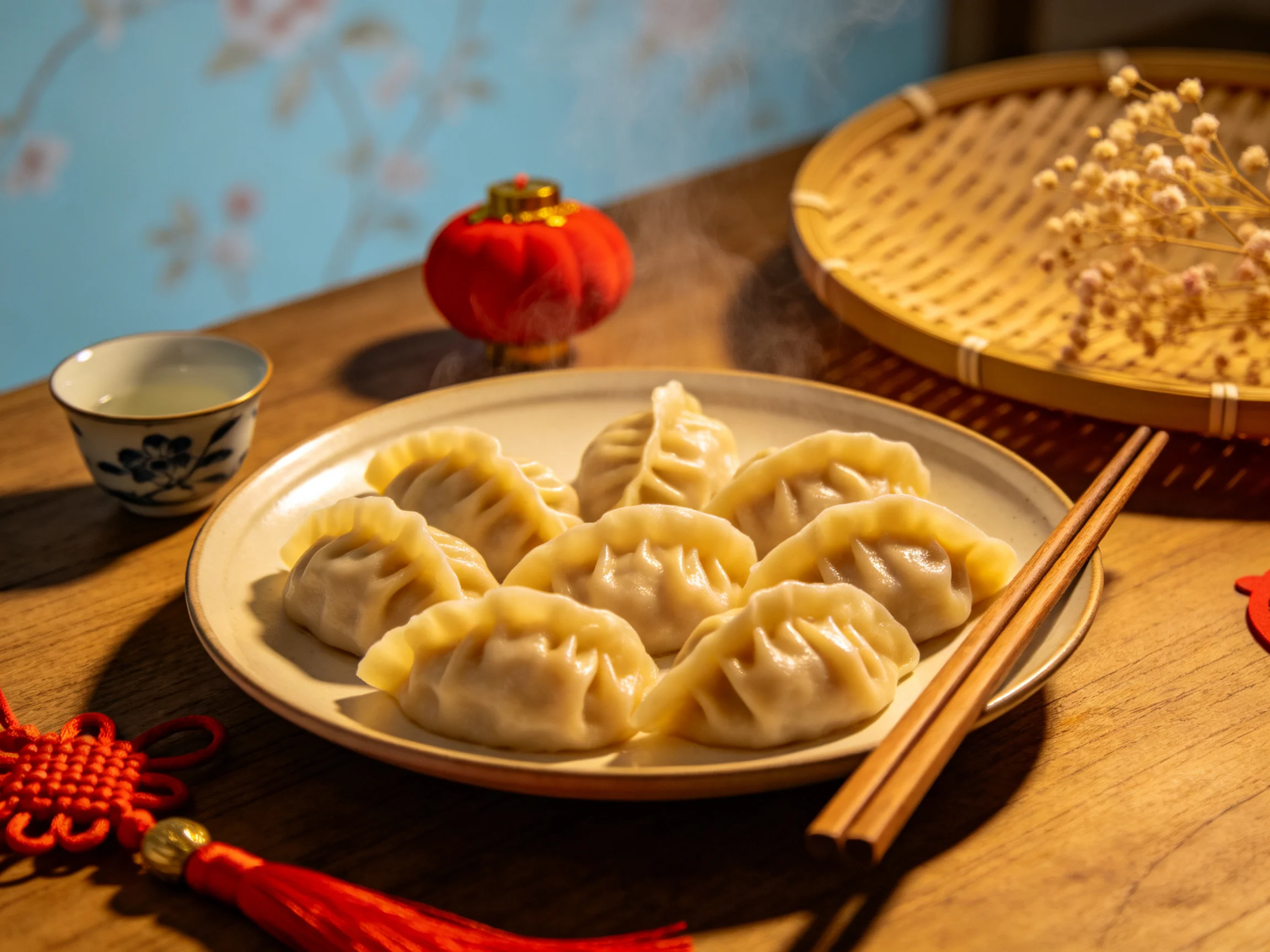 Eight steaming dumplings on a wooden table with festive decor