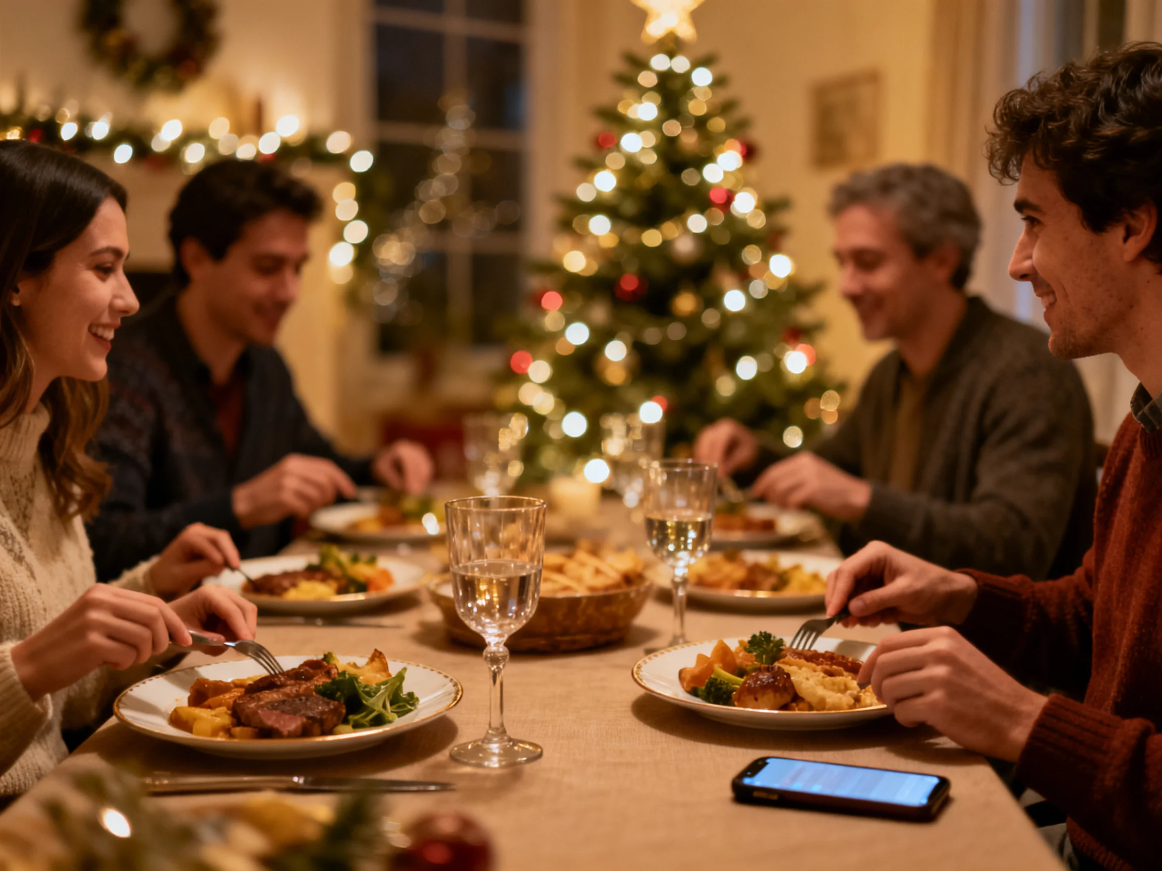 Family enjoys festive holiday dinner by lit Christmas tree