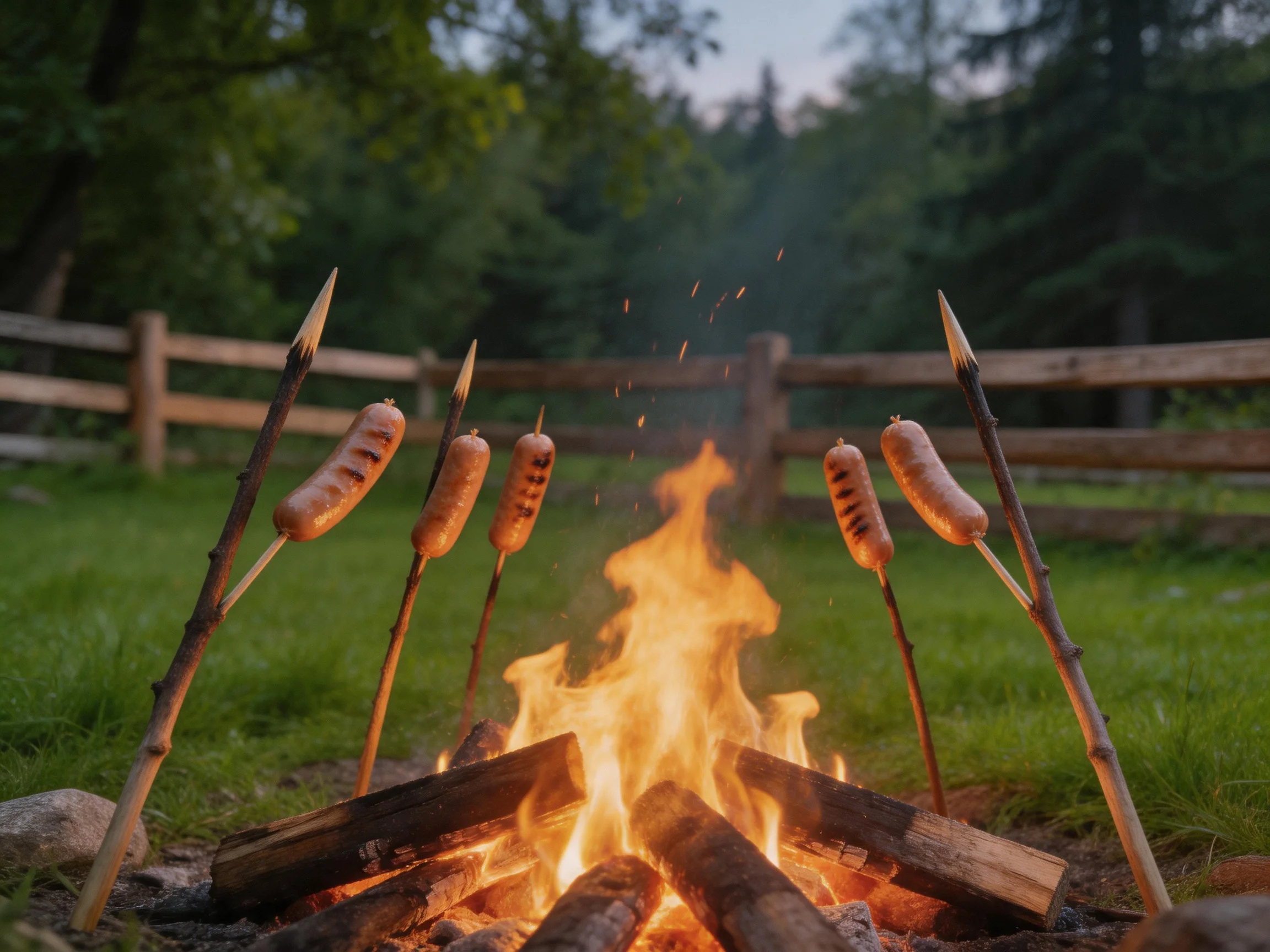 Five Sausages Roasted Over a Bright Campfire in a Green Meadow