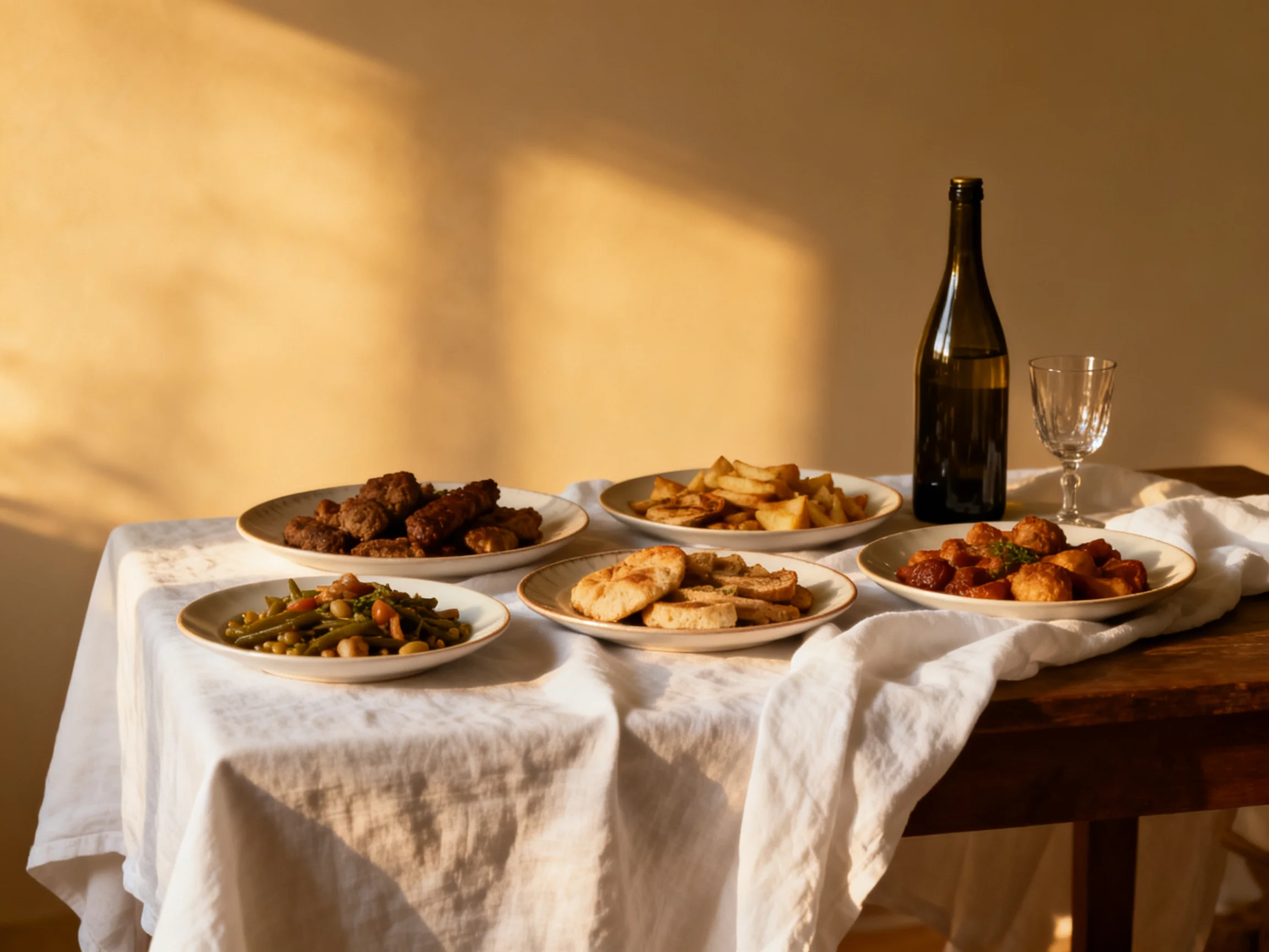 Five assorted dishes served on a wooden table with white linen and wine