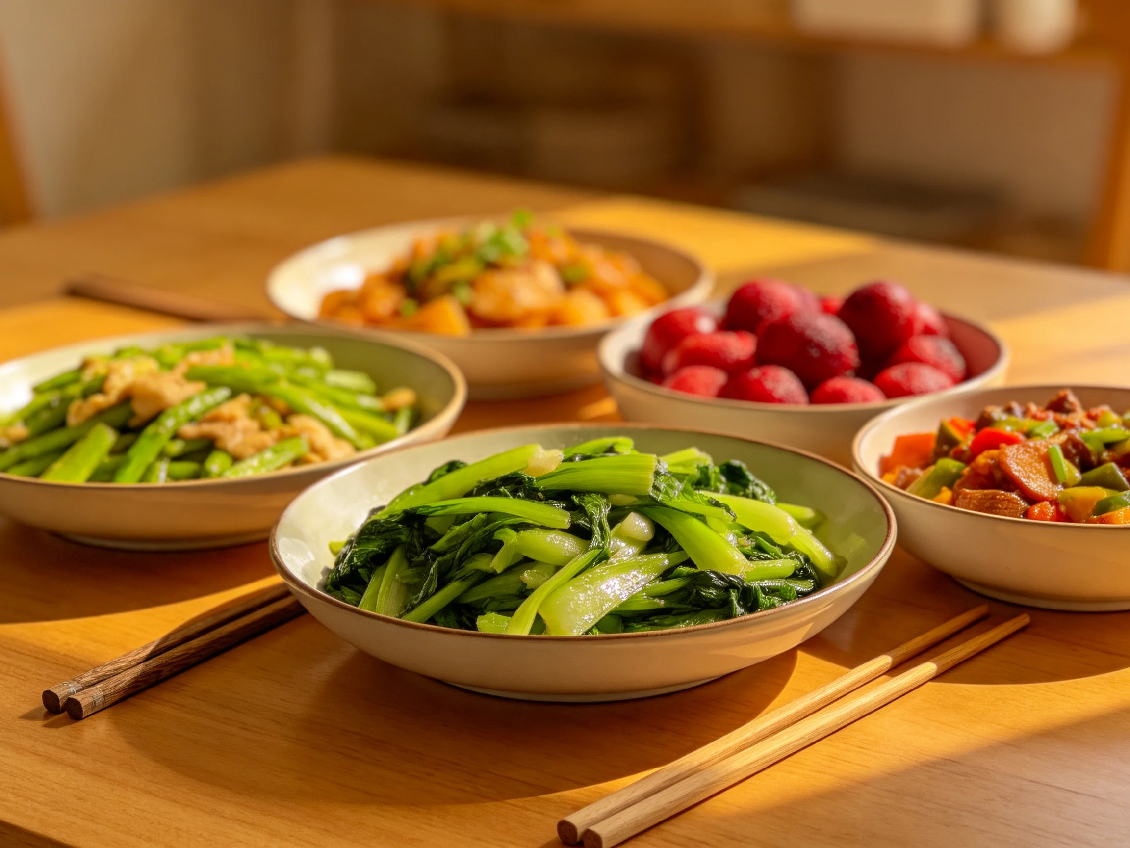 Five bowls hold assorted colorful dishes on a wooden table