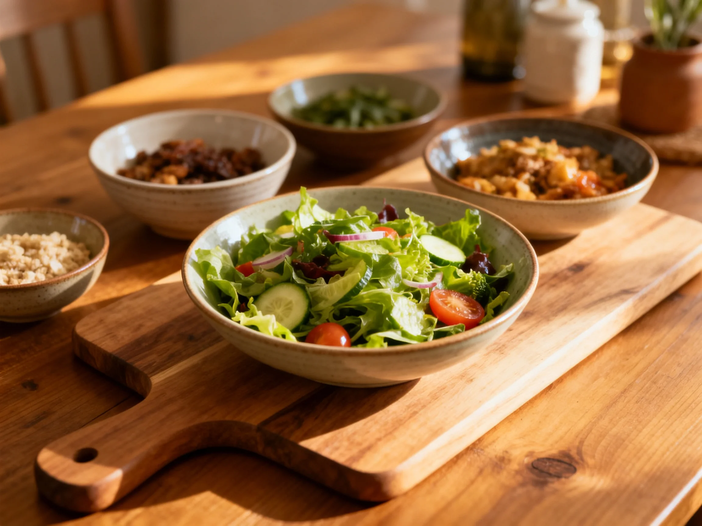 Five bowls of assorted dishes arranged on a wooden table with a central salad