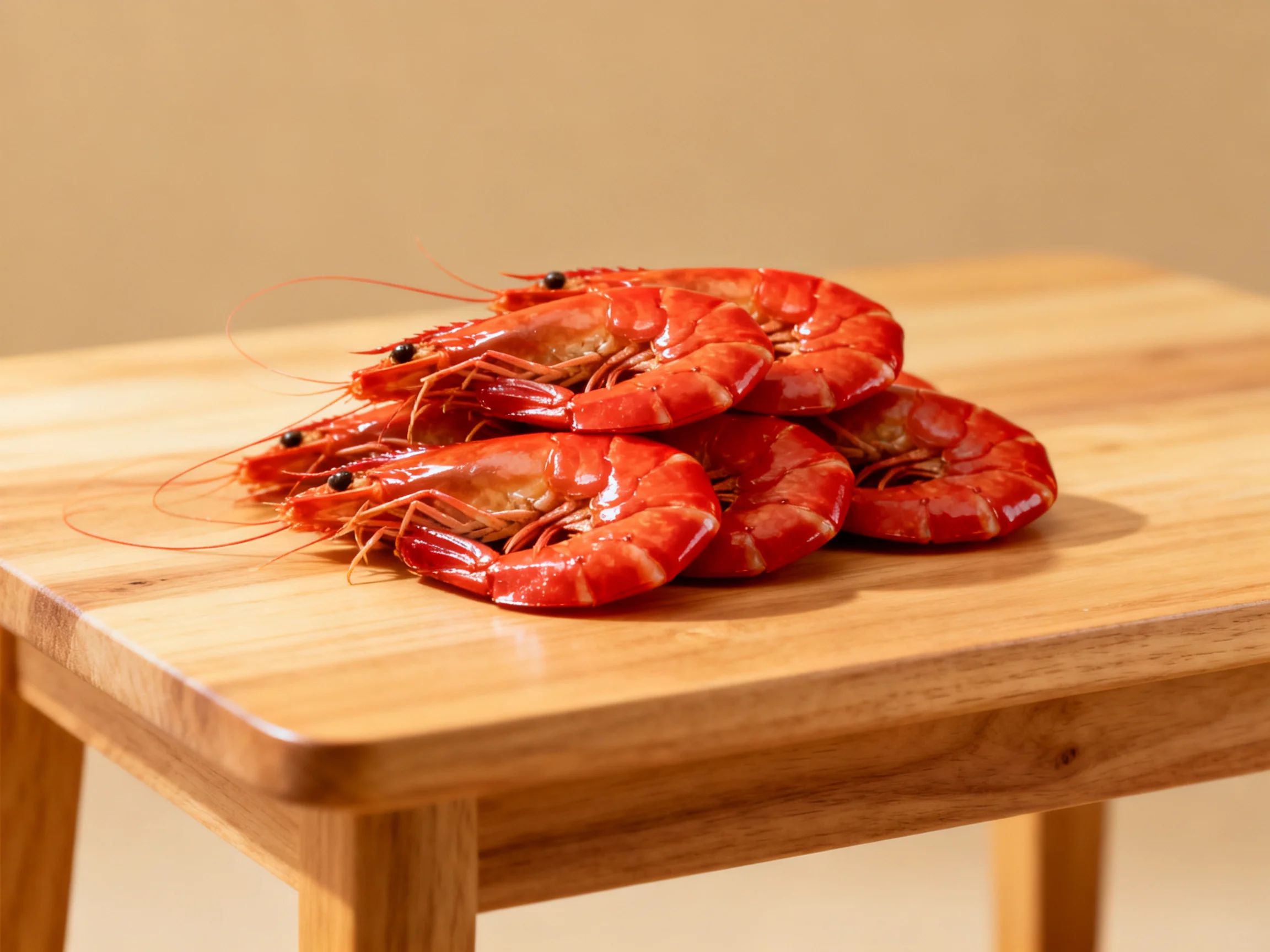 Five bright red shrimps piled on a wooden cutting board