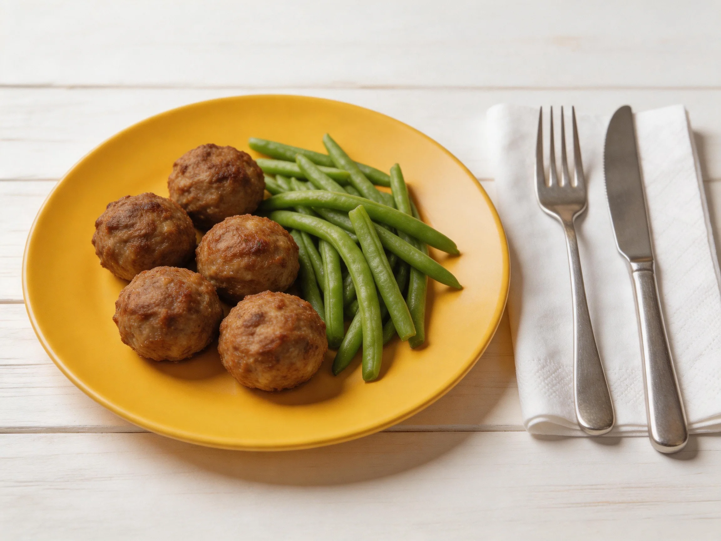 Five brown meatballs and green beans on a yellow plate with silverware