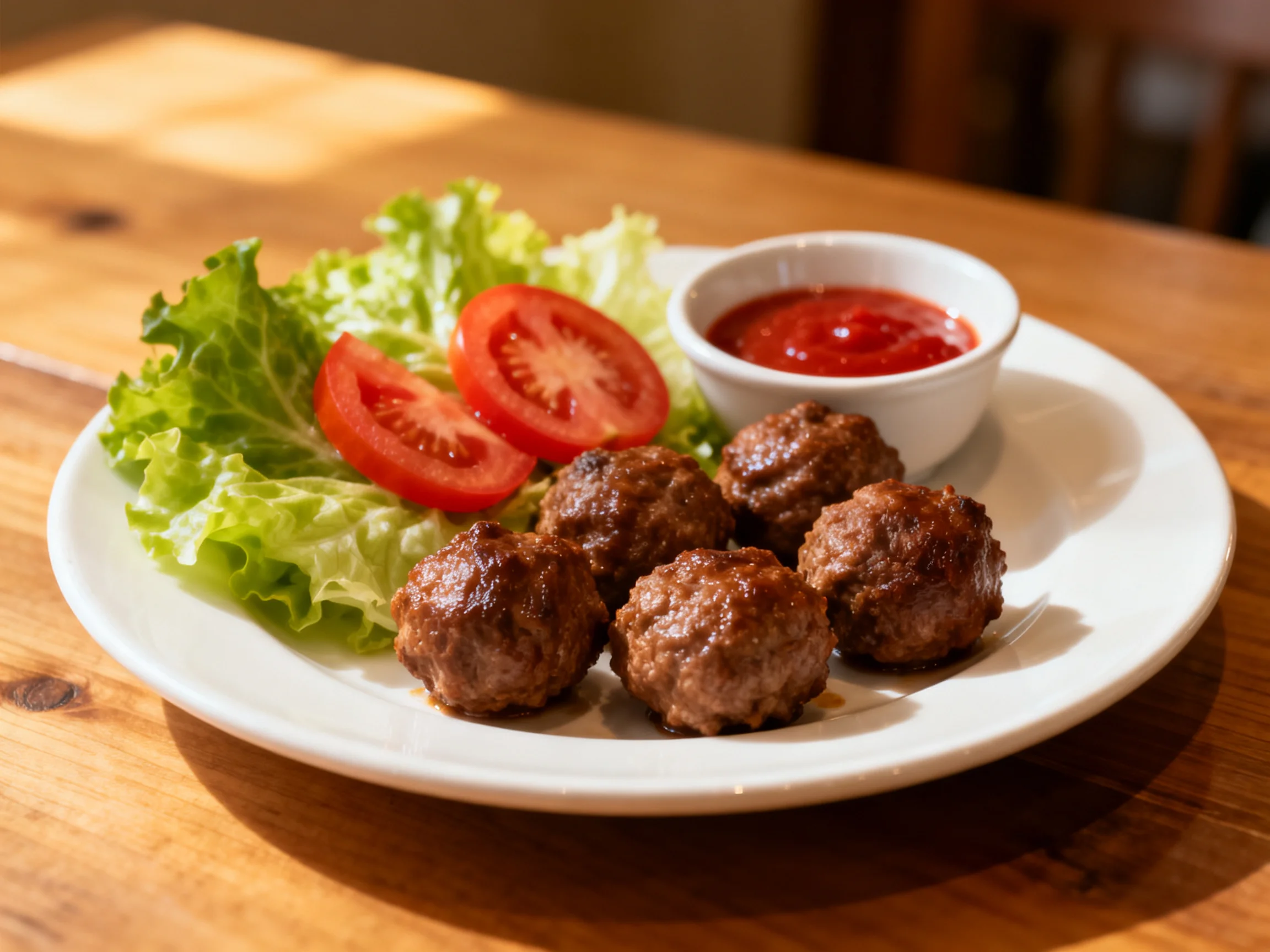 Five brown meatballs served with green lettuce, red tomatoes, and sauce