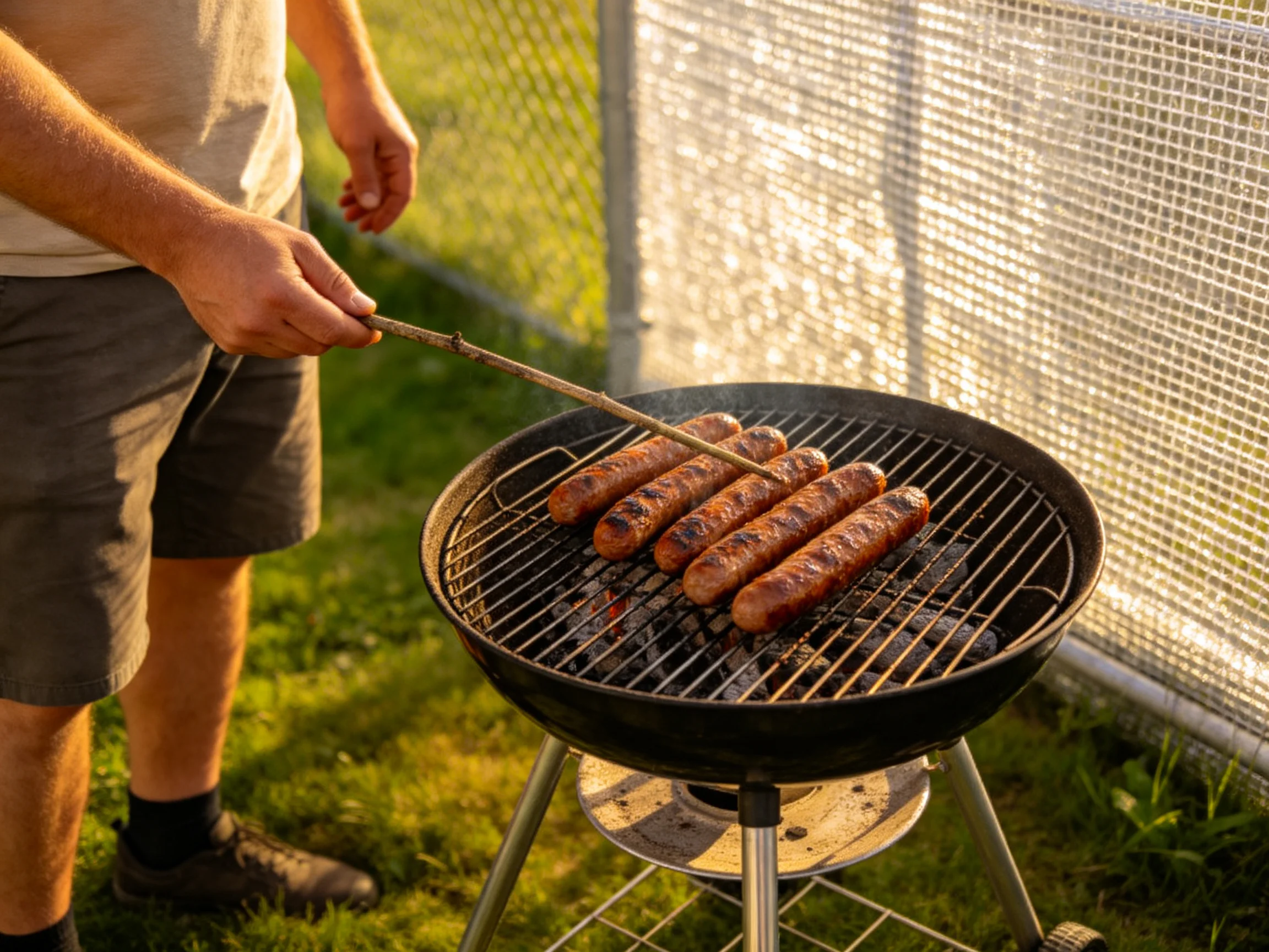 Five brown sausages cook on a black charcoal outdoor grill