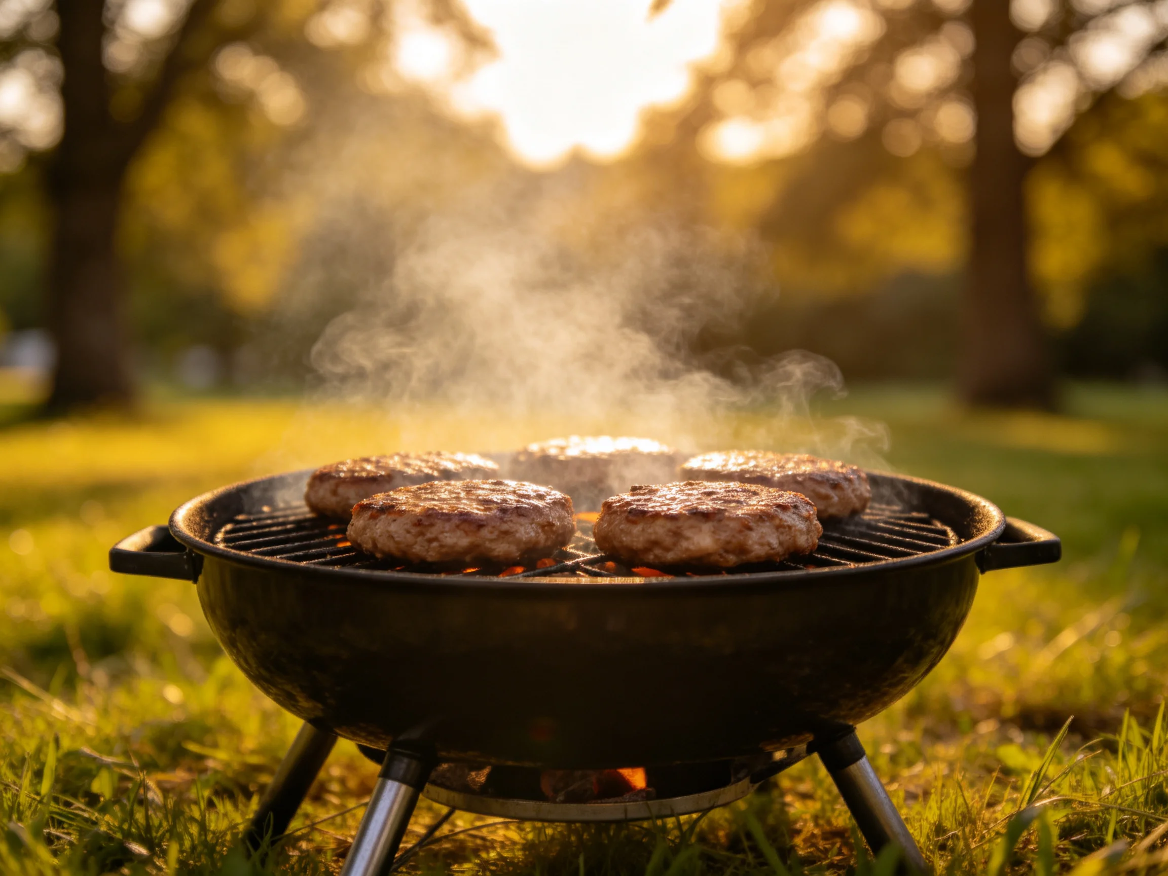 Five burger patties cook on a black charcoal grill in a sunlit park