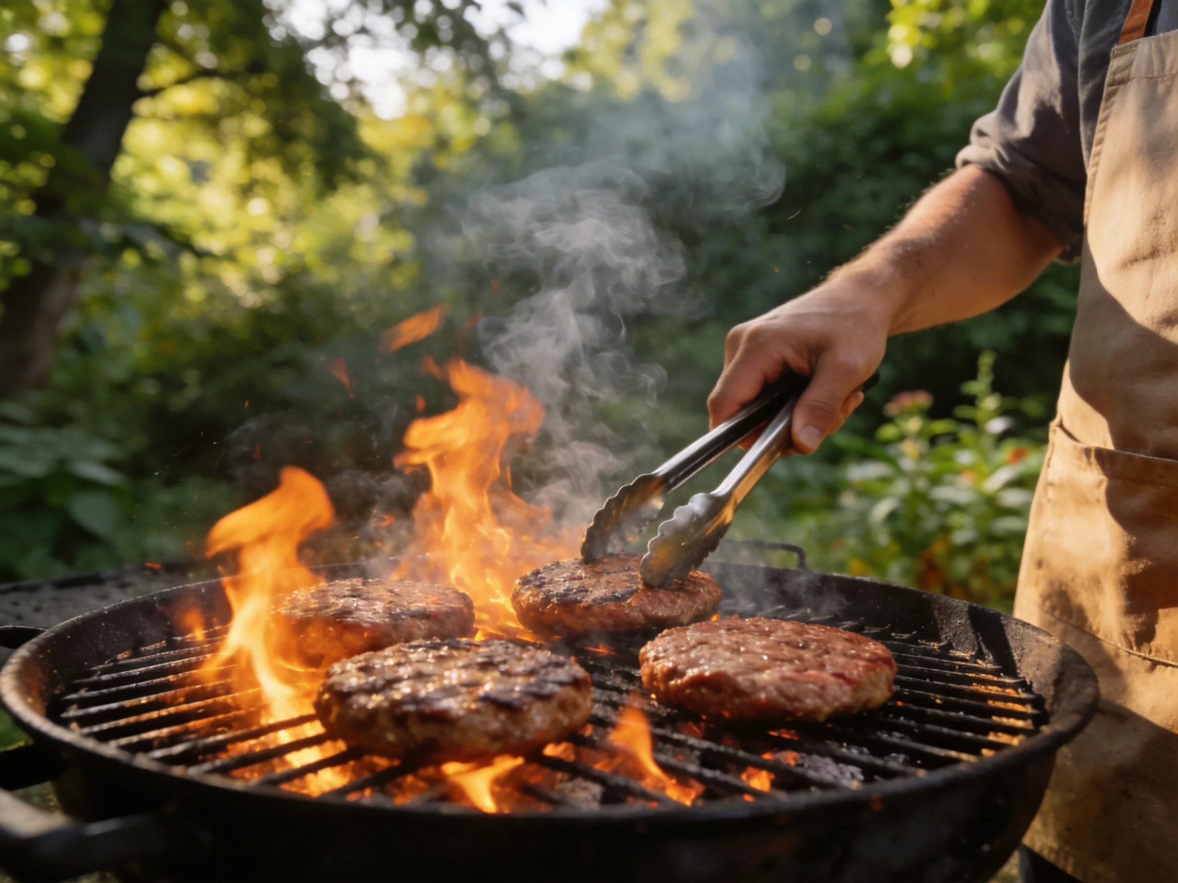 Five burger patties cook over bright flames in a green backyard