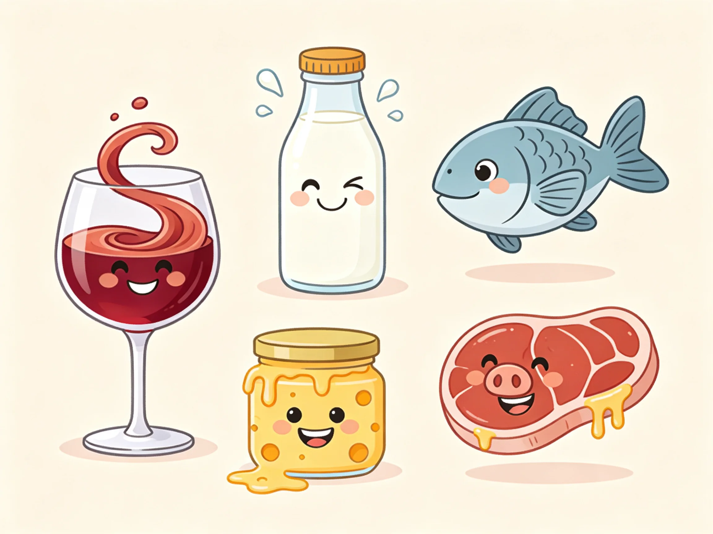 Five cartoon food items with cheerful faces: wine, milk, fish, cheese, meat