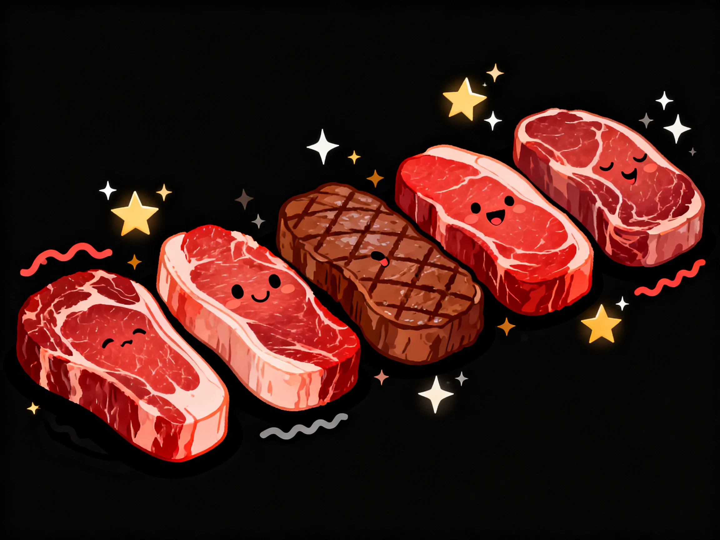 Five cartoon steaks with smiling faces on starry dark background