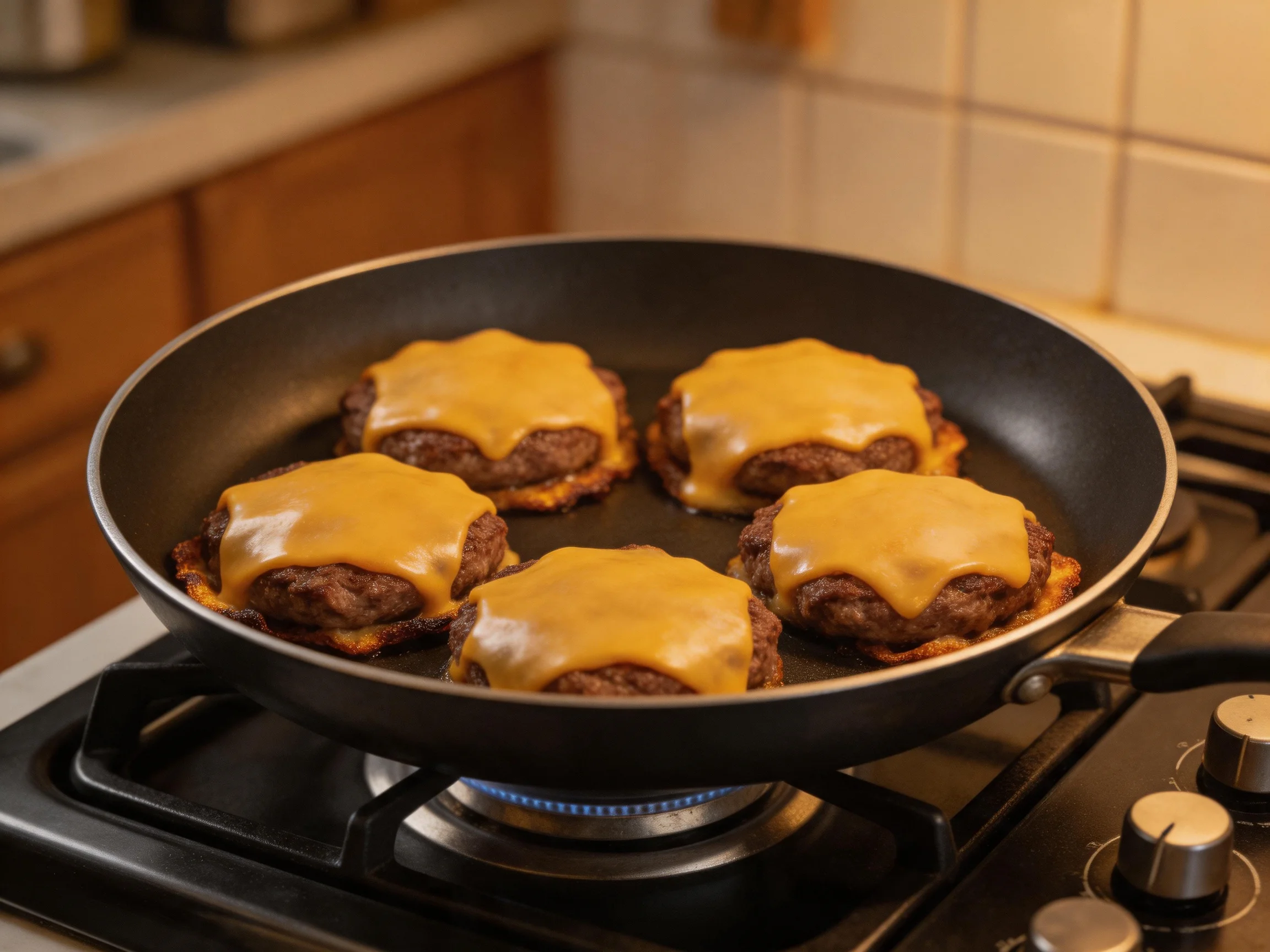 Five cheese-topped burger patties cooking in a black frying pan
