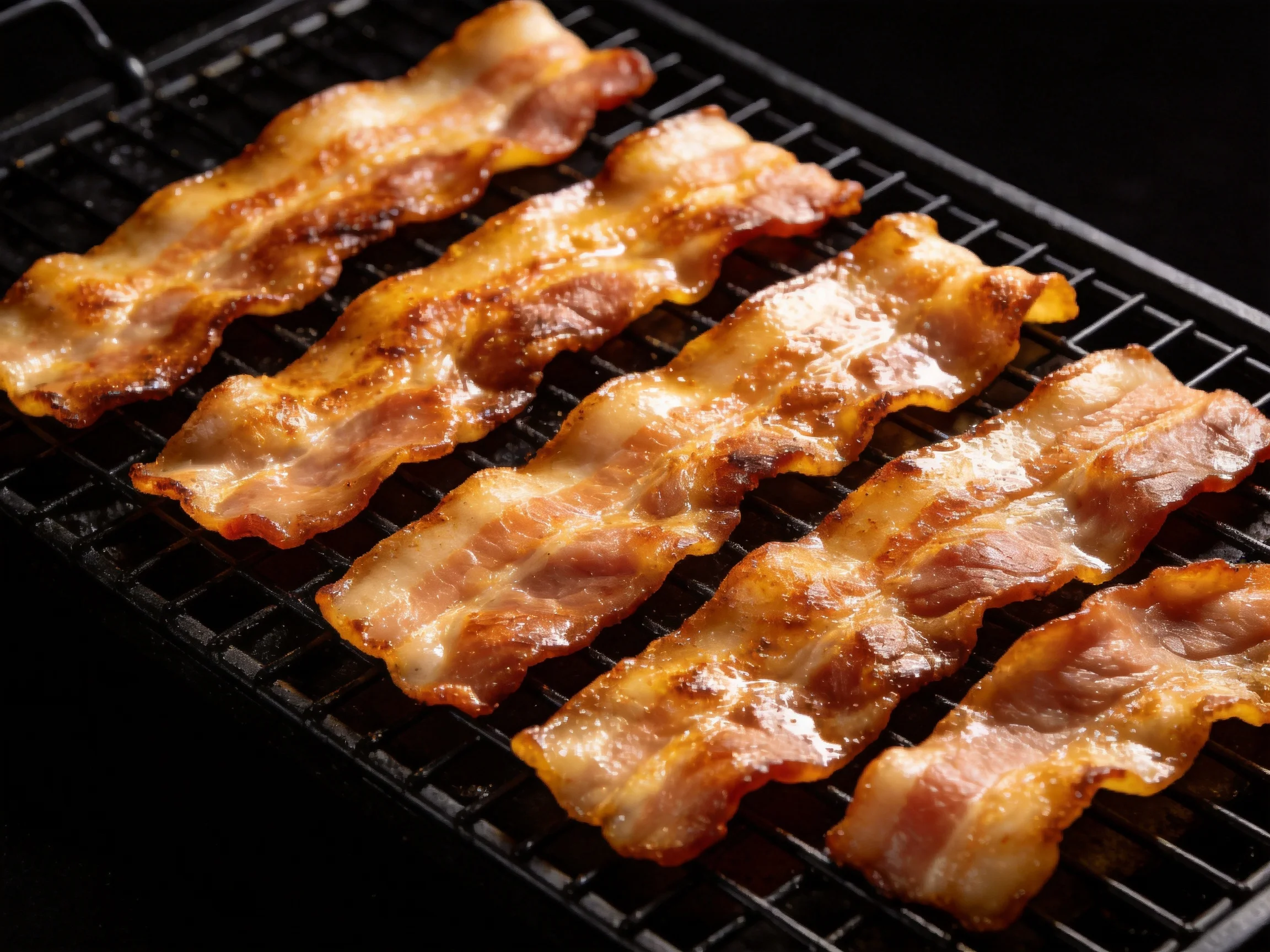 Five crispy golden-brown bacon strips on a black wire rack