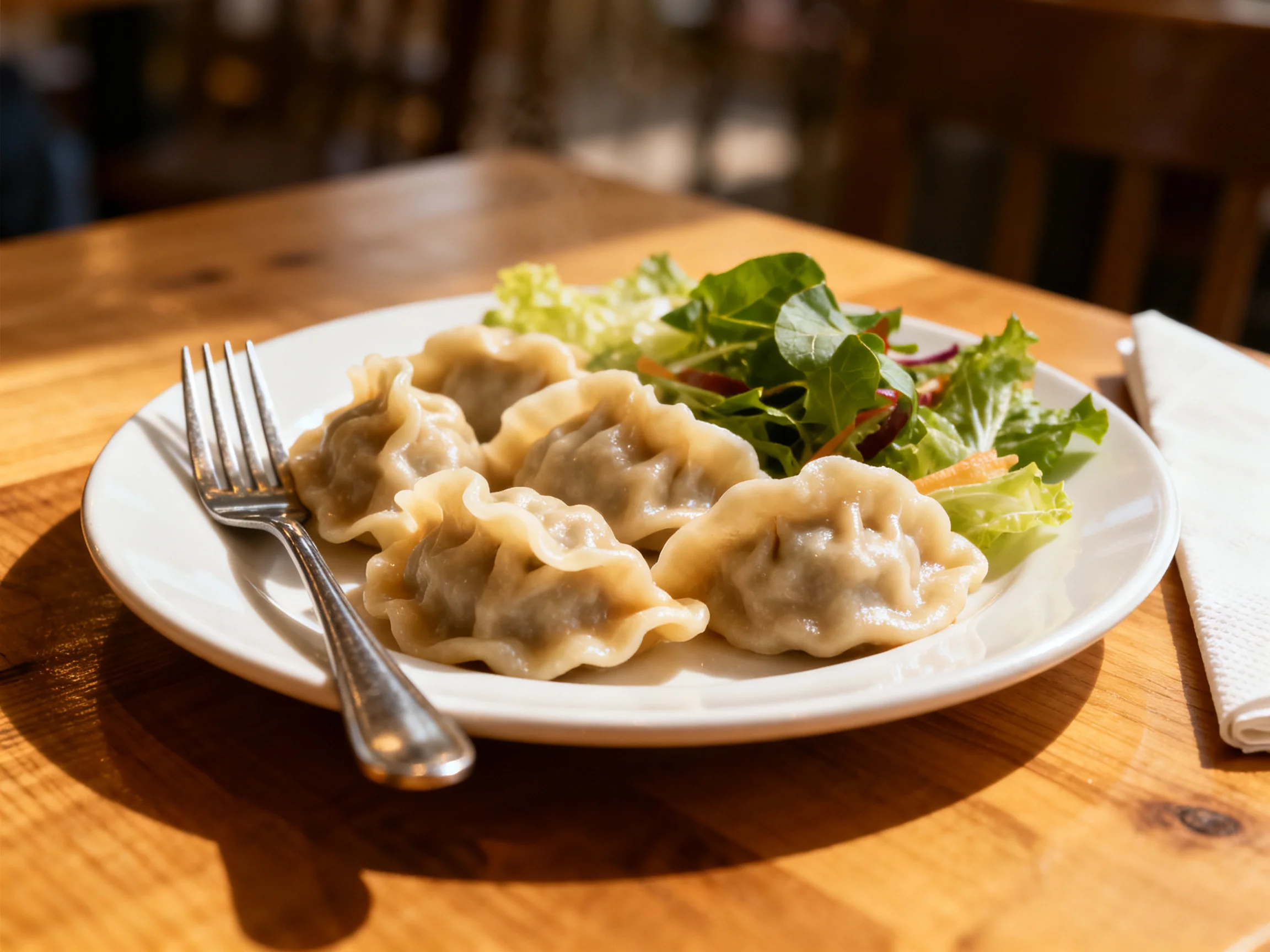 Five dumplings served with mixed greens on a white plate
