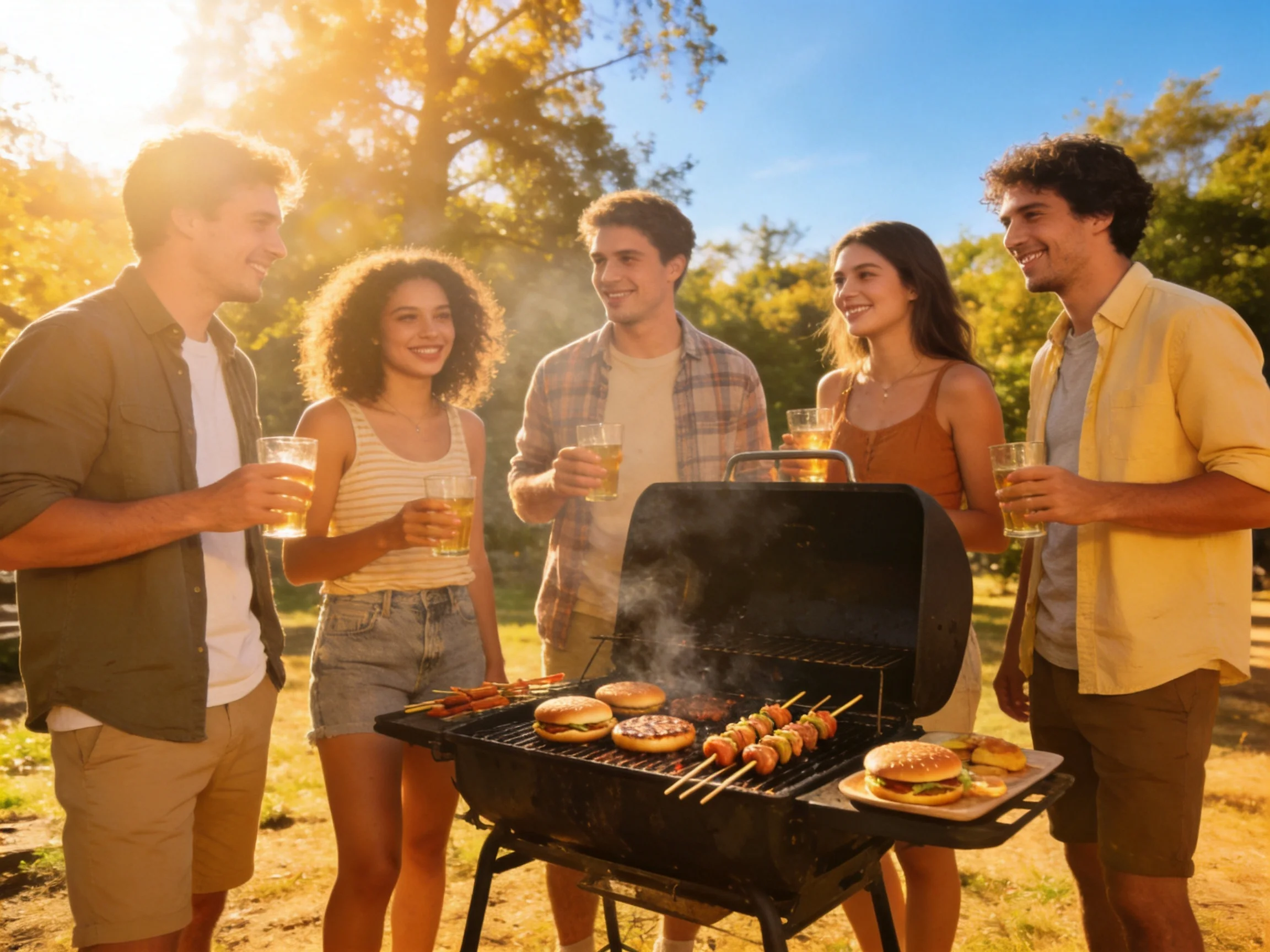Five friends barbecue together outdoors with burgers and skewers