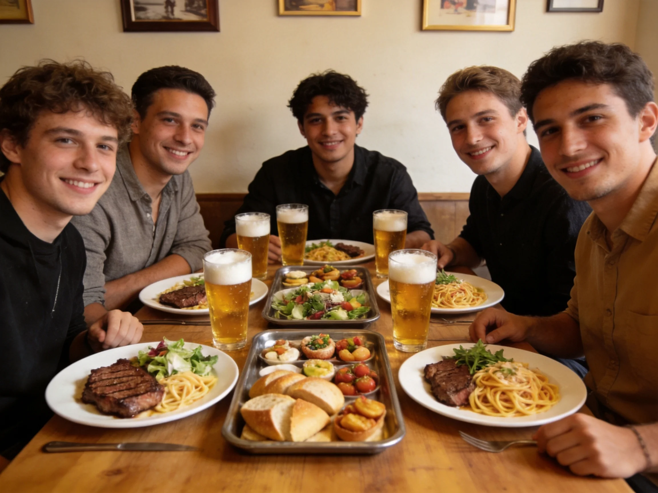 Five friends enjoy a meal of steaks, pasta, and beer in a restaurant.