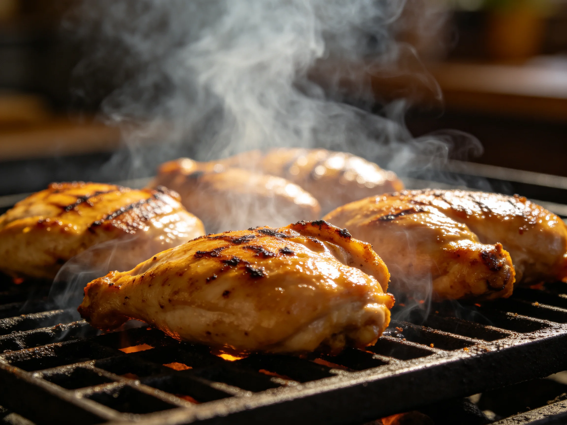 Five golden-brown chicken thighs sizzling on a black grill