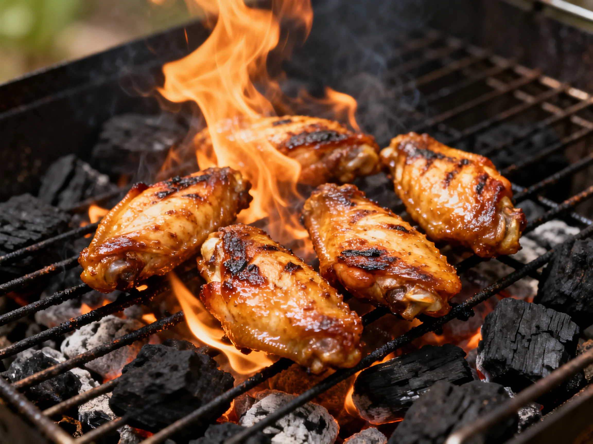 Five golden-brown chicken wings sizzle over bright flames on a charcoal grill