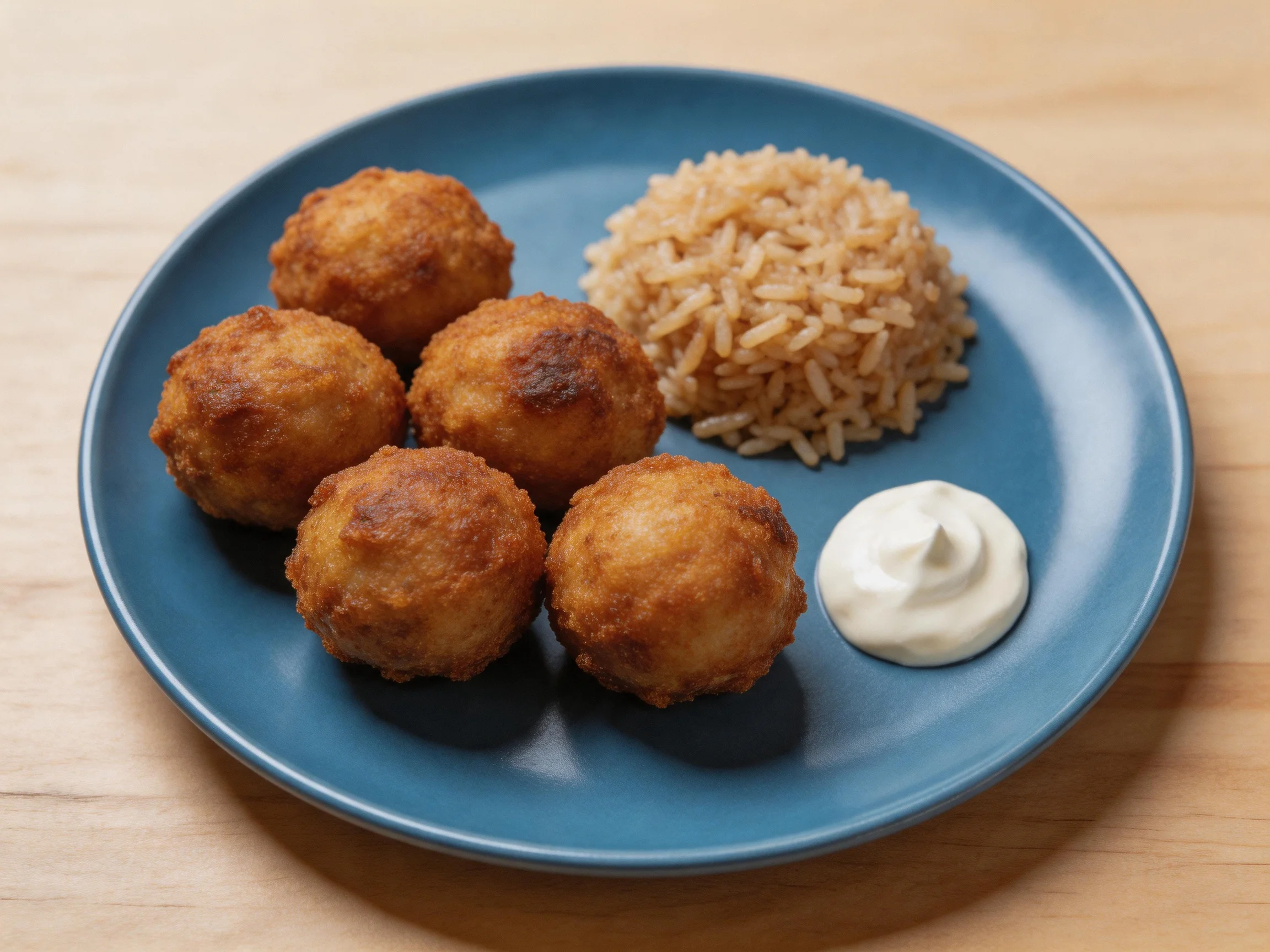 Five golden-brown fried balls on a blue plate with brown rice and white sauce