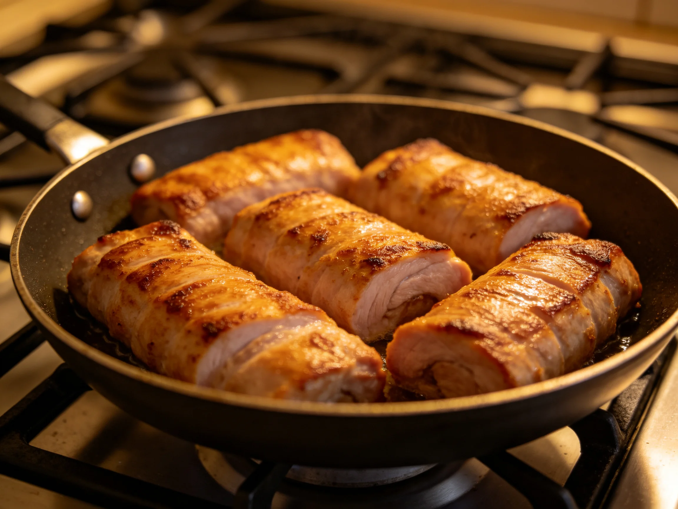 Five golden-brown pork rolls sizzling in a black frying pan