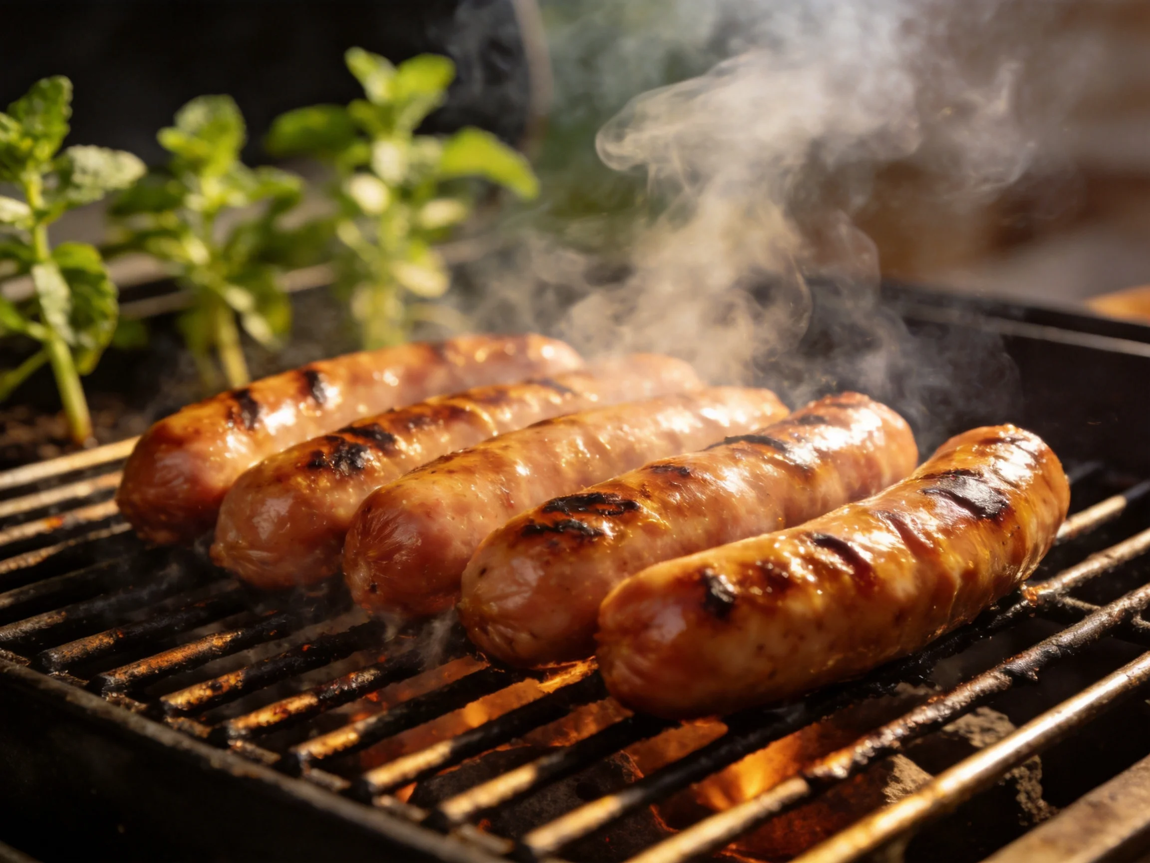 Five golden-brown sausages sizzle on a black grill