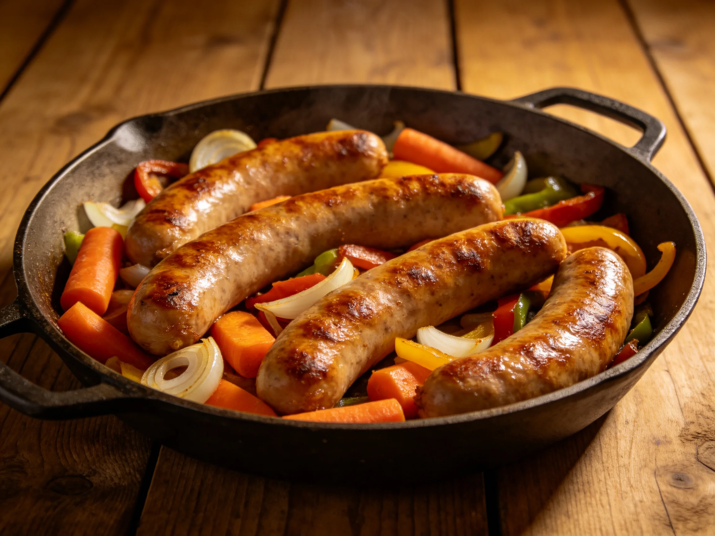 Five golden-brown sausages with vibrant vegetables in a cast iron skillet