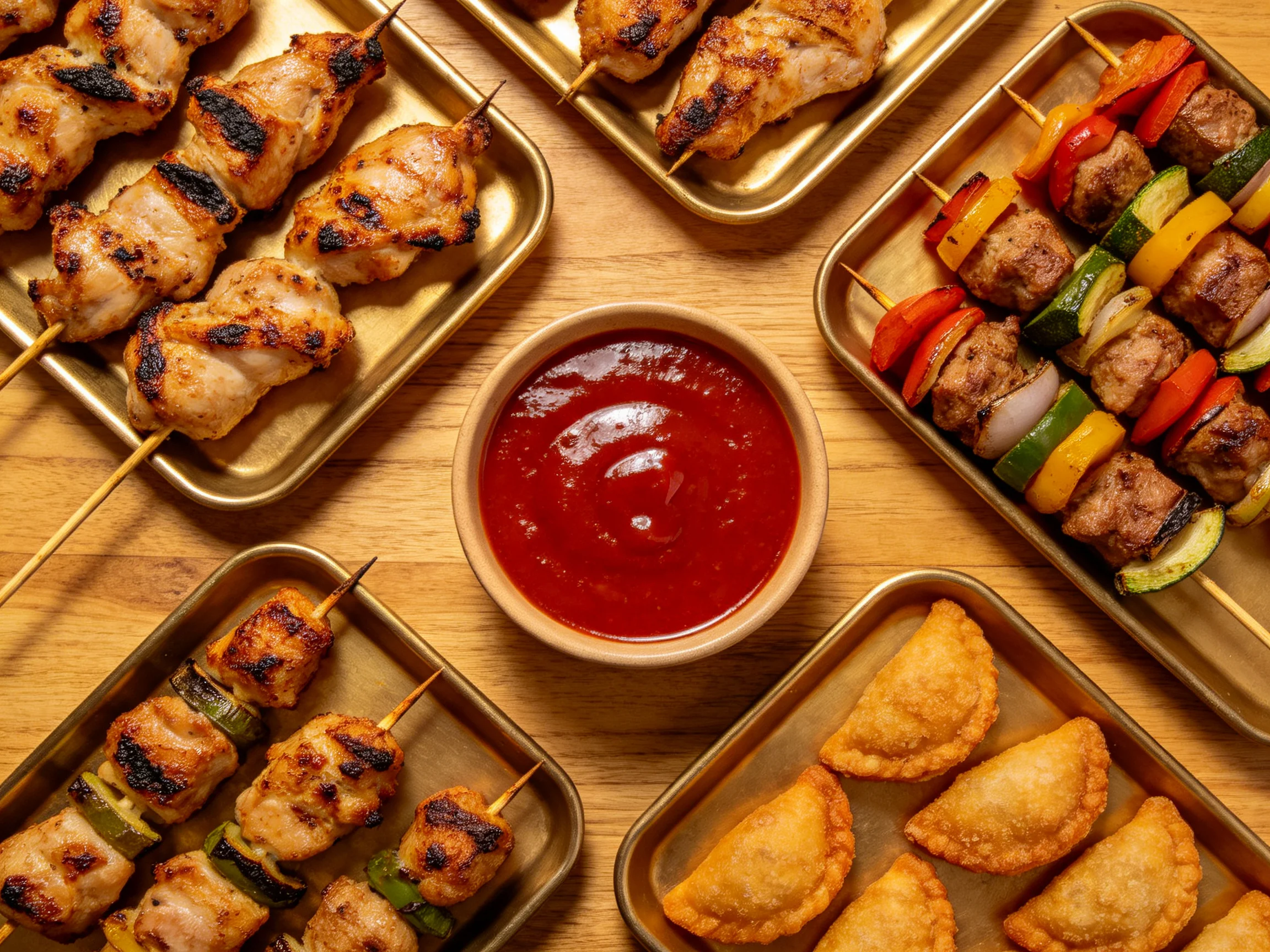 Five golden trays hold grilled skewers, mixed veggies, empanadas, and red sauce