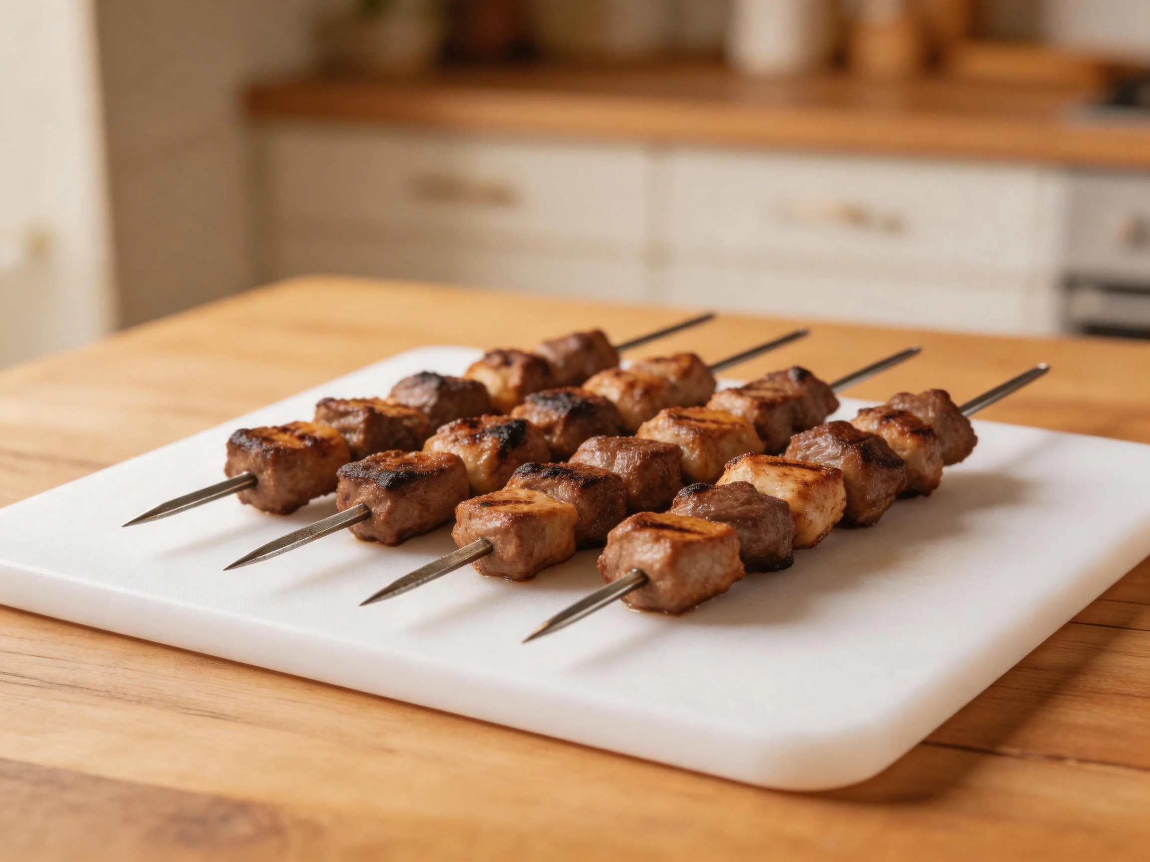 Five grilled meat skewers arranged on a white cutting board