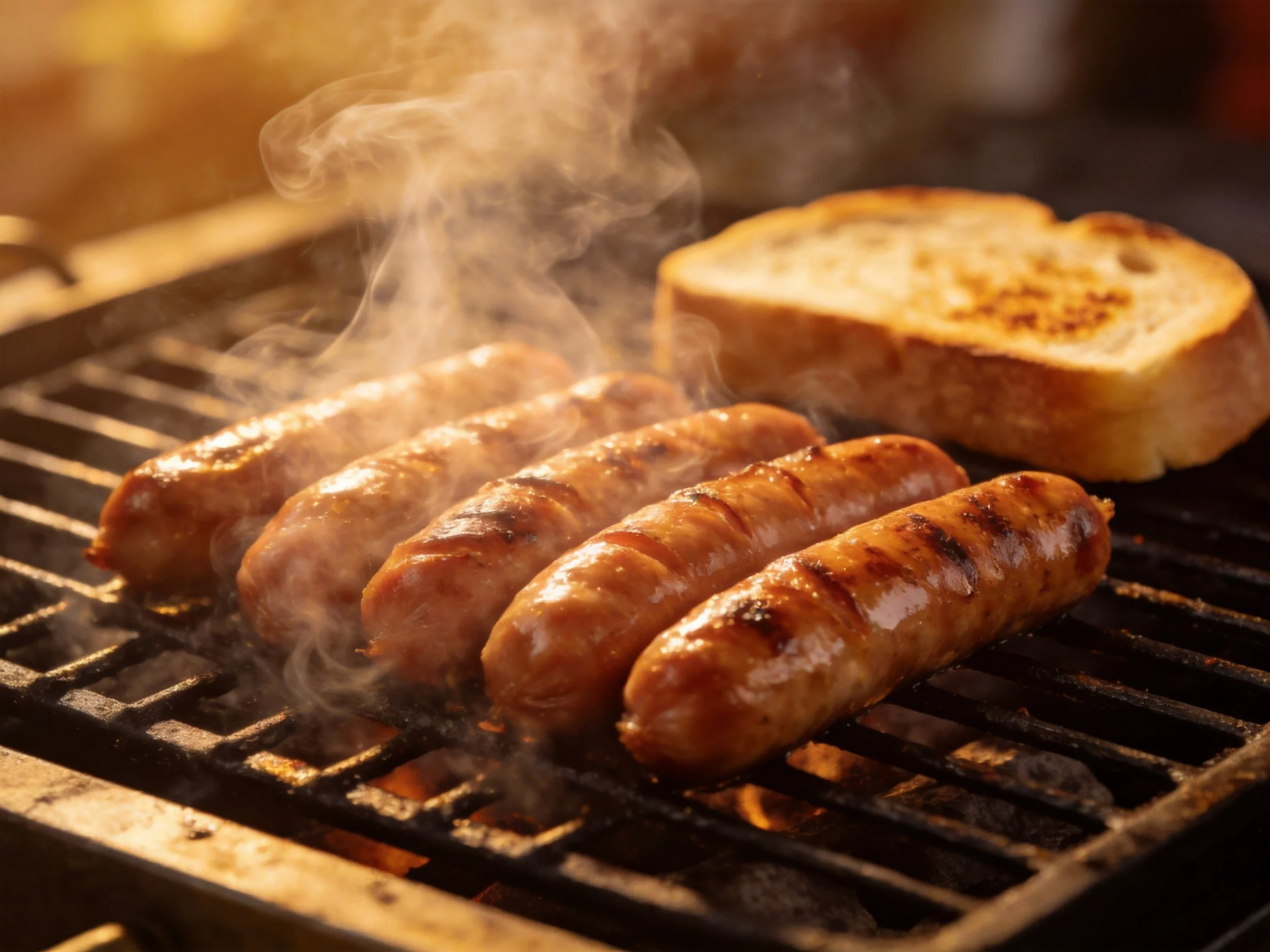 Five grilled sausages and toasted bread cooking on a barbecue grill