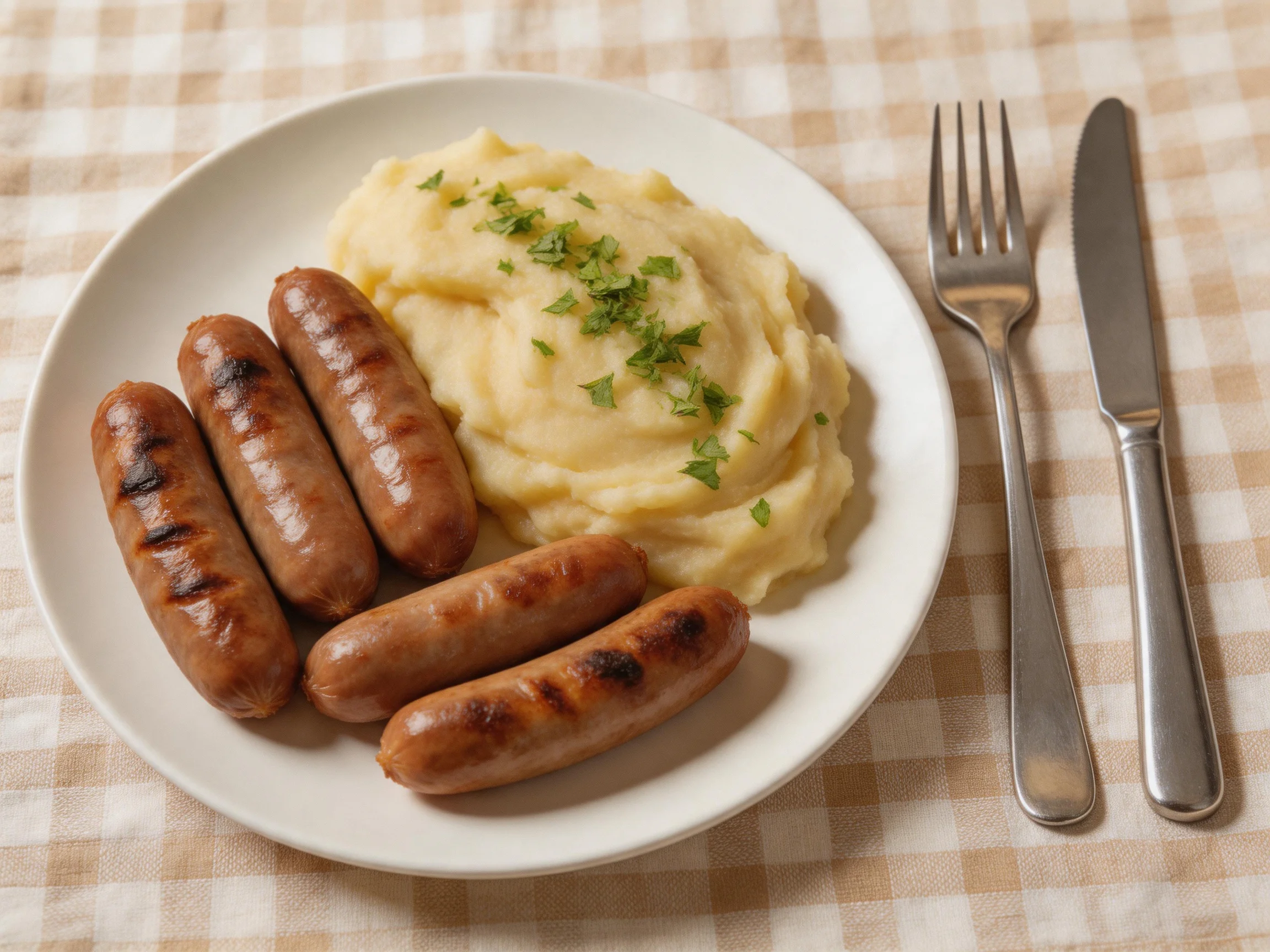Five grilled sausages served with creamy mashed potatoes on a white plate