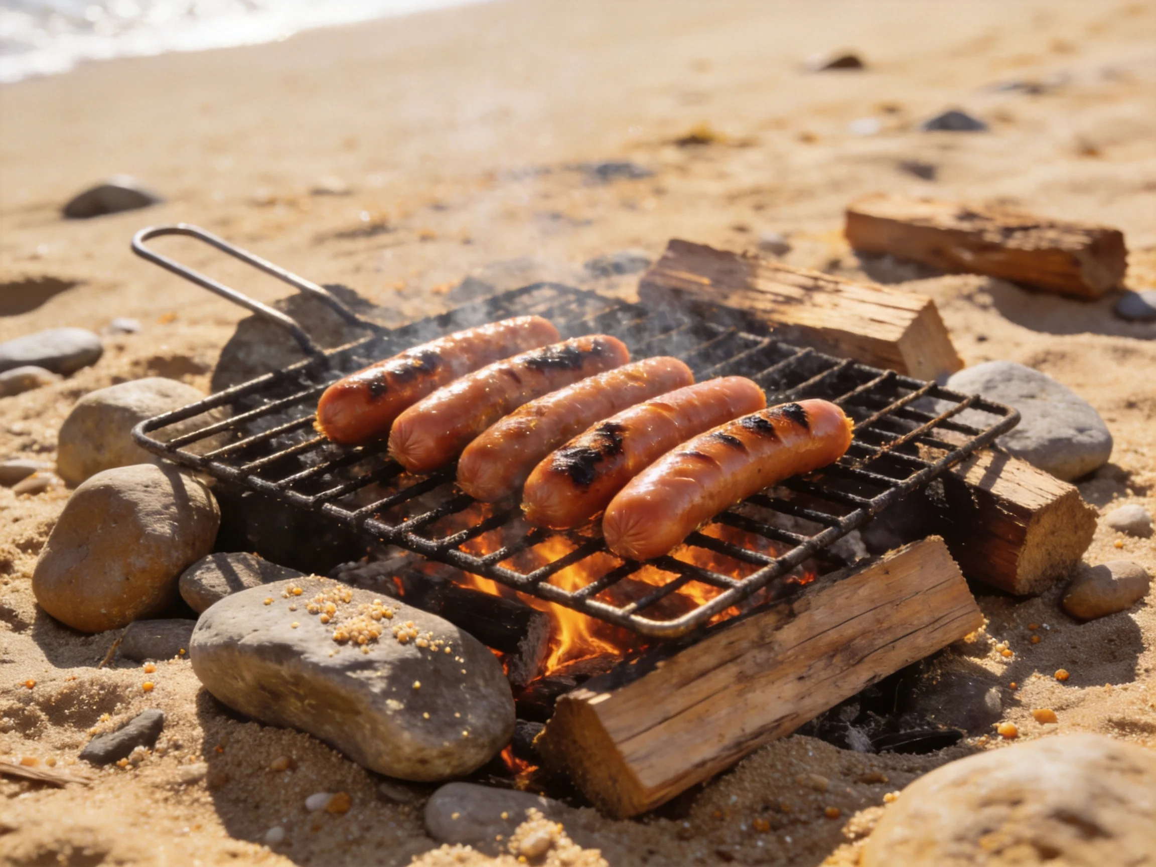 Five grilled sausages sizzle on a sandy beach grill