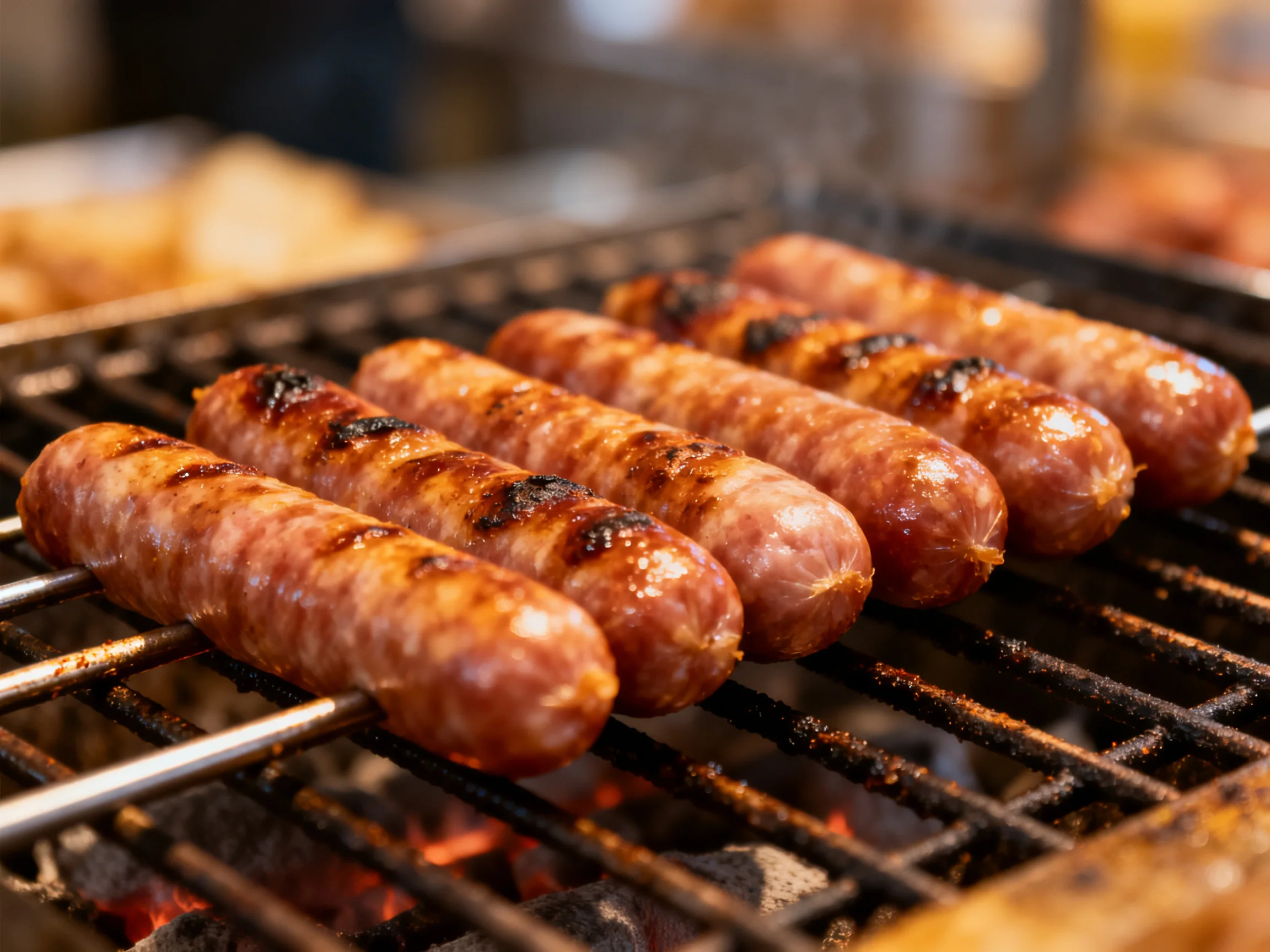 Five grilled sausages sizzle over glowing embers
