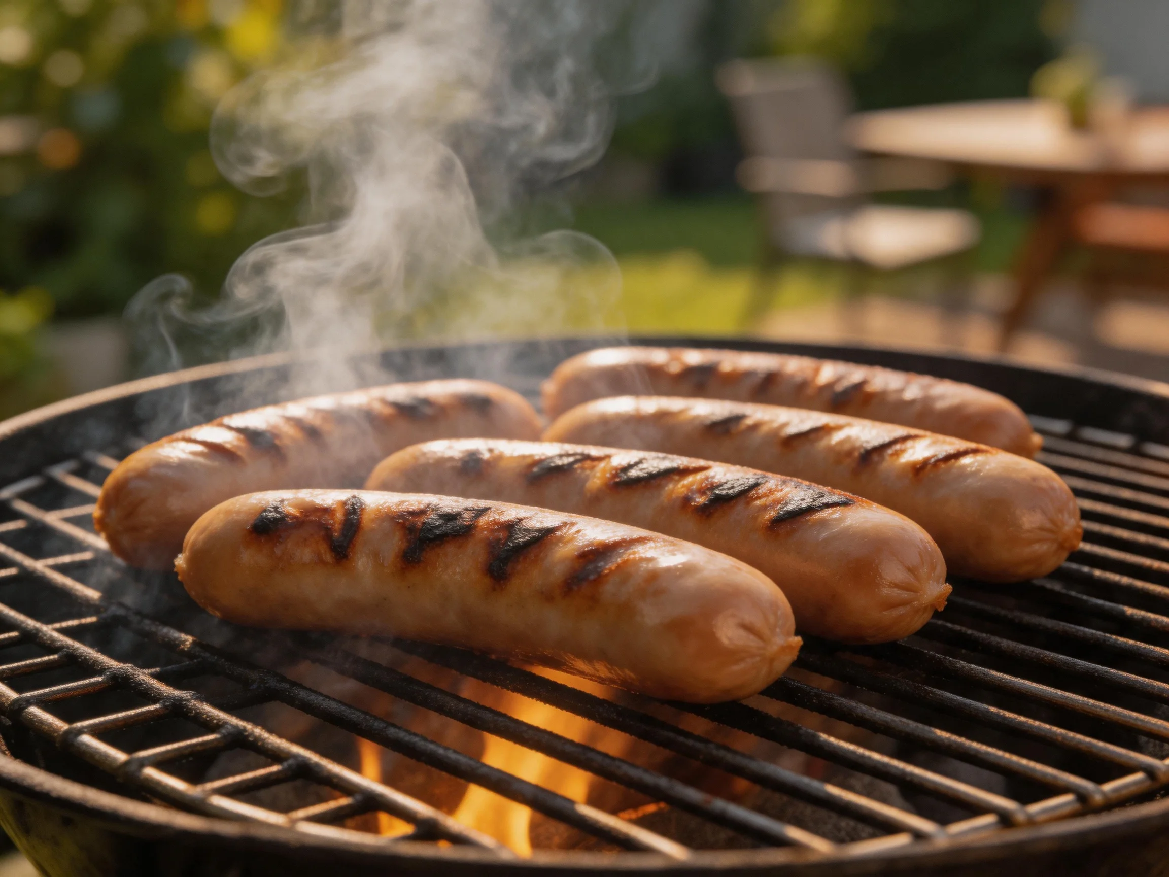 Five grilled sausages sizzle over open flames outdoors