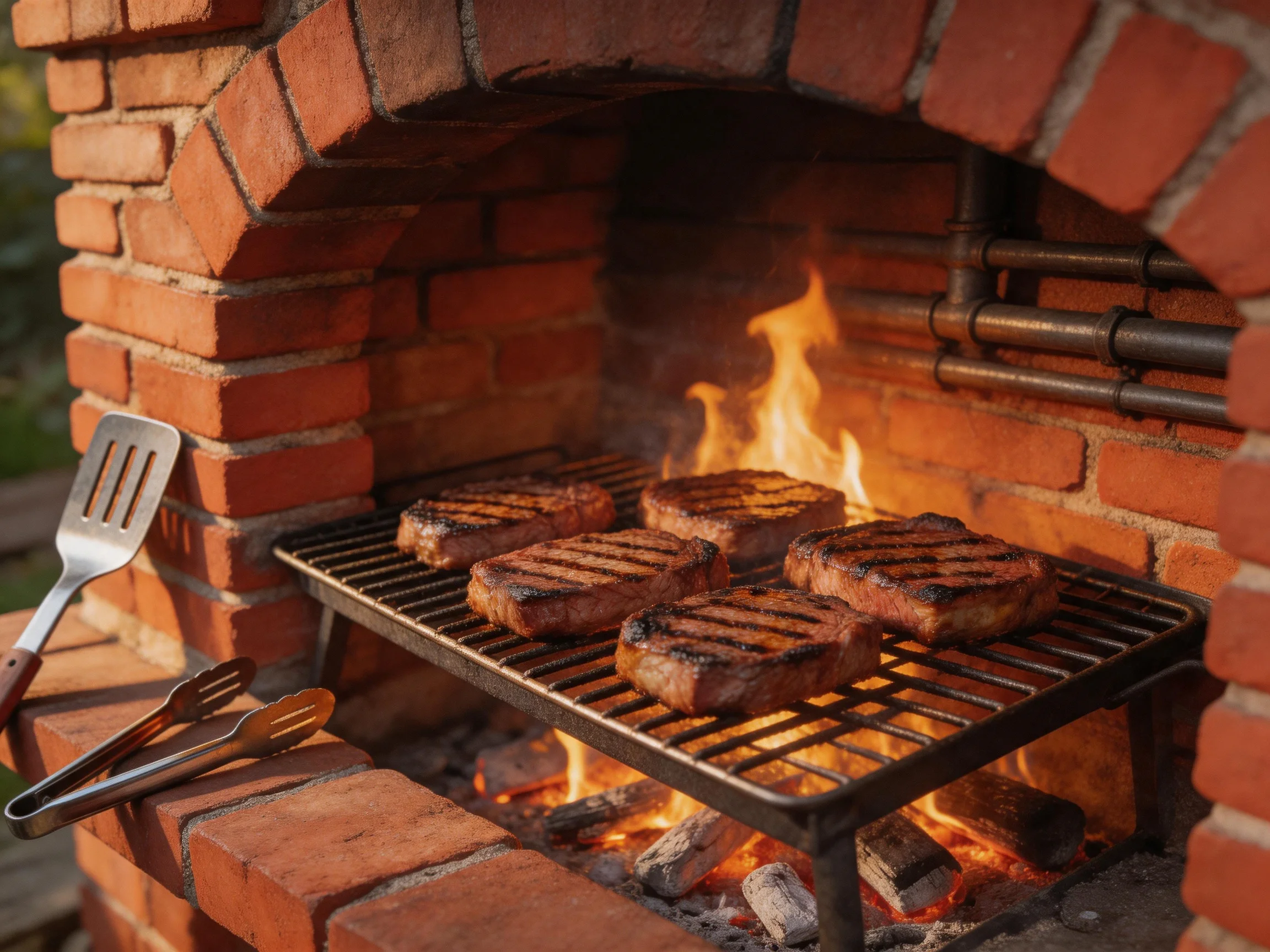 Five grilled steaks cook over flames in a brick outdoor oven