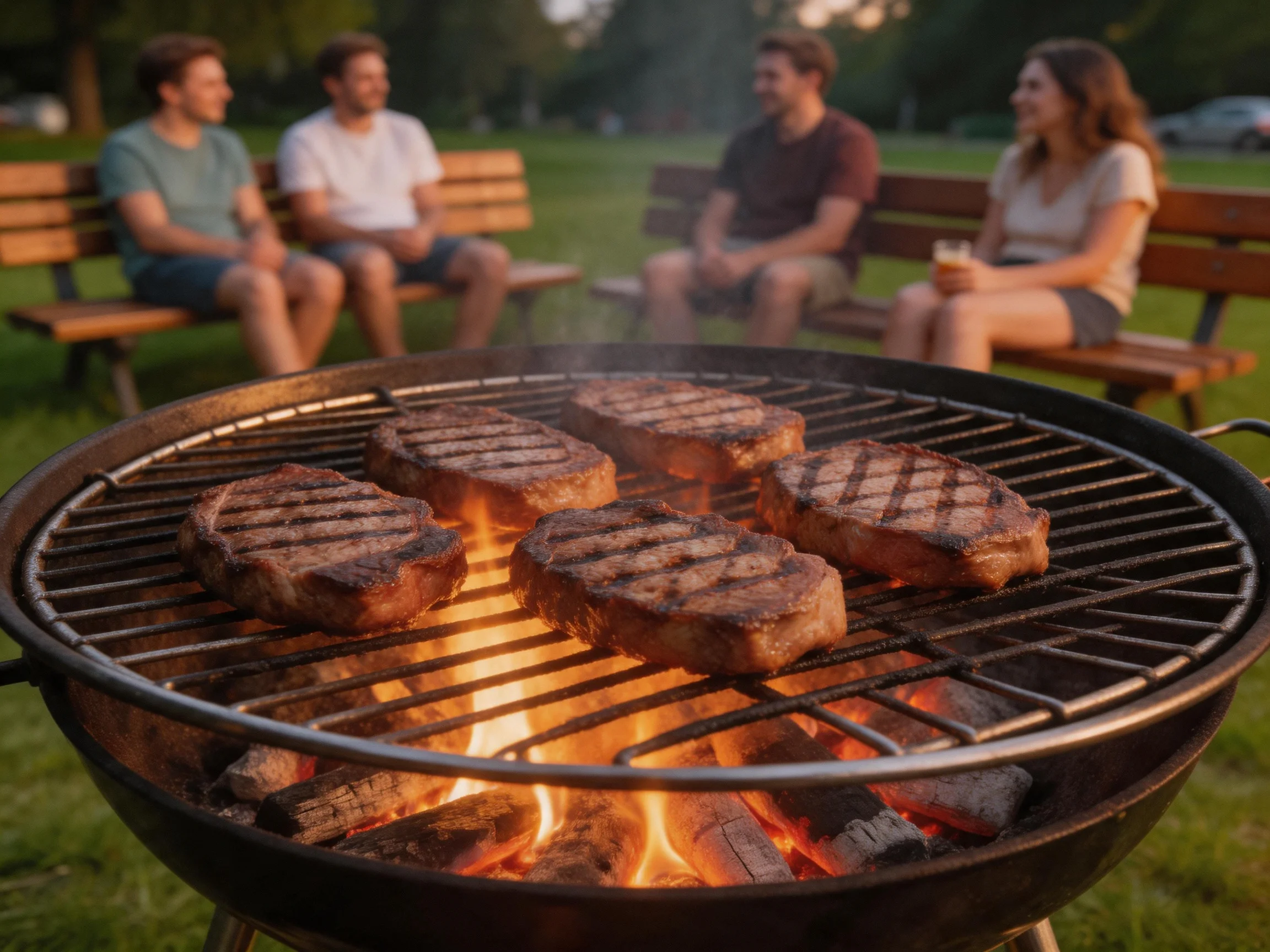 Five grilled steaks sizzle over charcoal near four friends on park benches