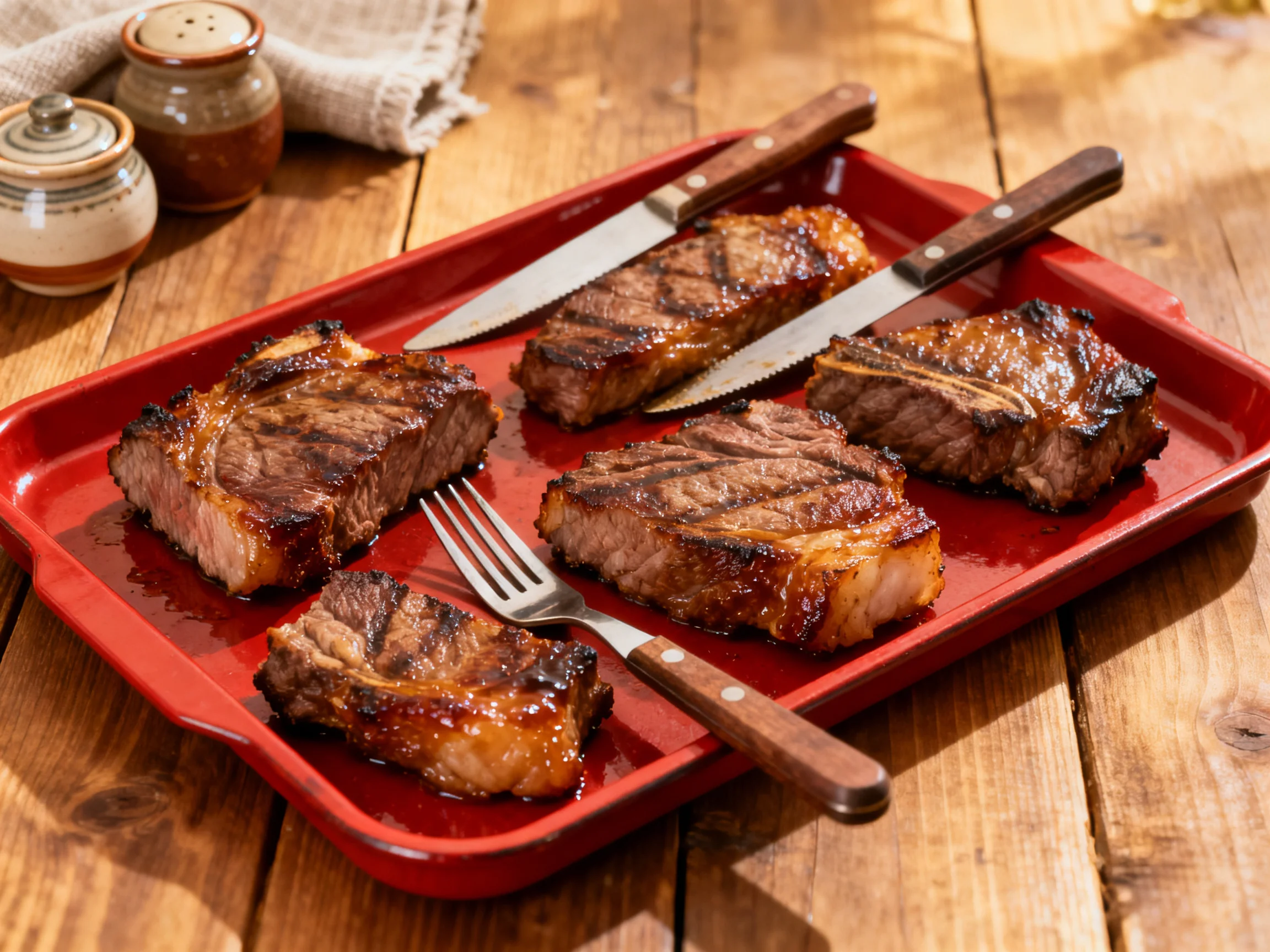 Five juicy grilled steaks served on a red tray with utensils