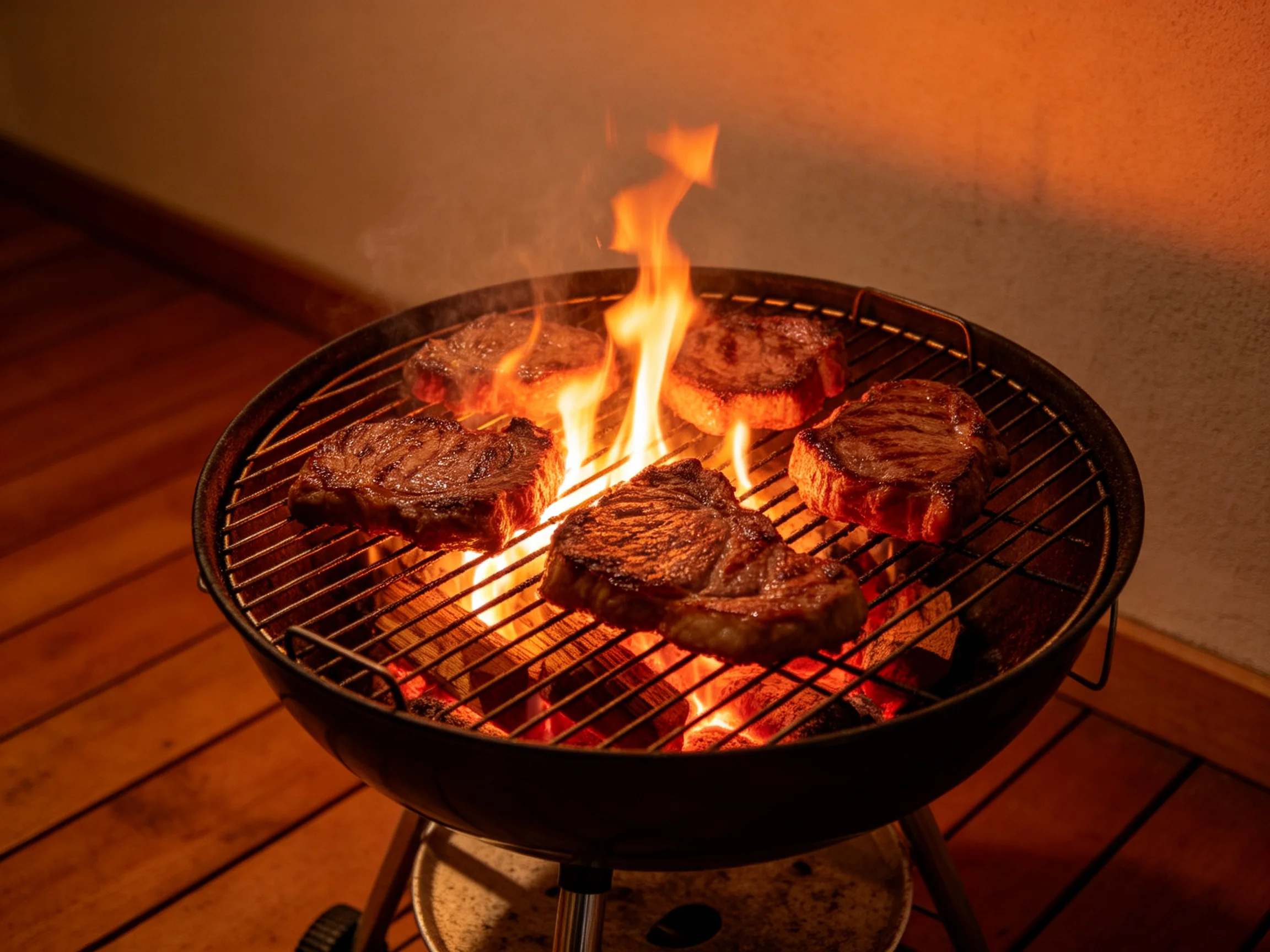 Five juicy steaks sizzle over bright flames on a charcoal grill